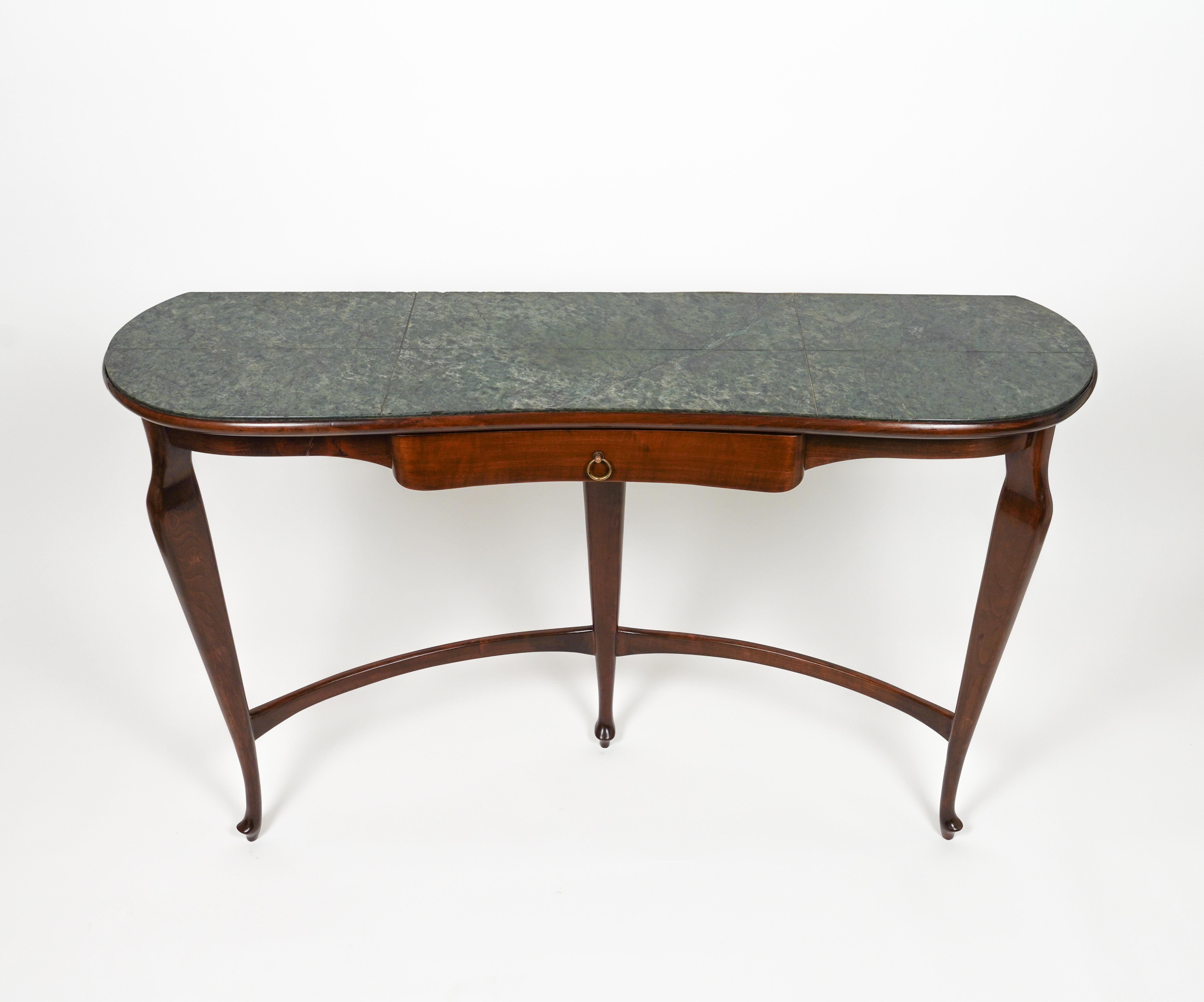 Mid-Century Modern Wall Console Table Wood, Brass & Green Marble by Guglielmo Ulrich, Italy, 1940s For Sale