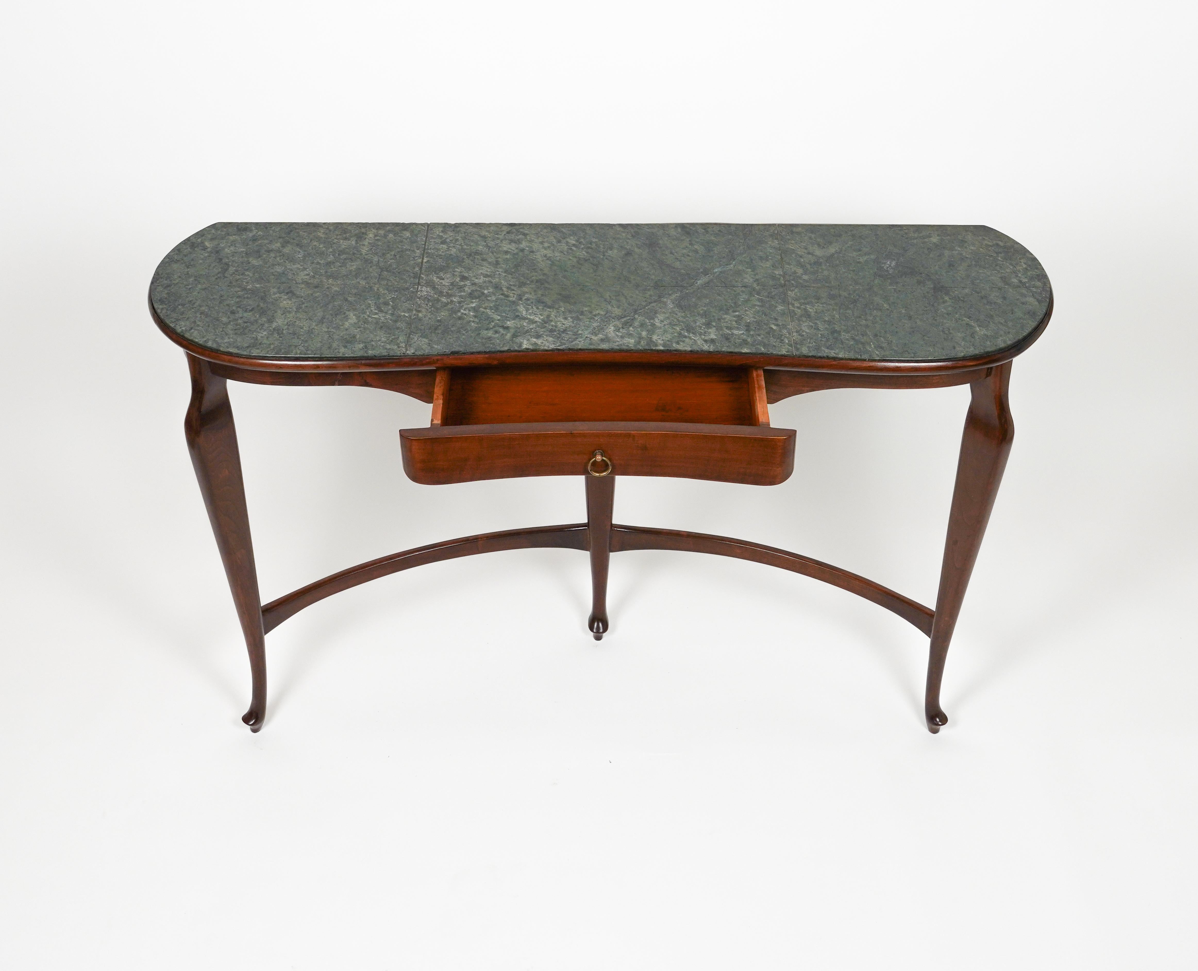 Wall Console Table Wood, Brass & Green Marble by Guglielmo Ulrich, Italy, 1940s In Good Condition For Sale In Rome, IT