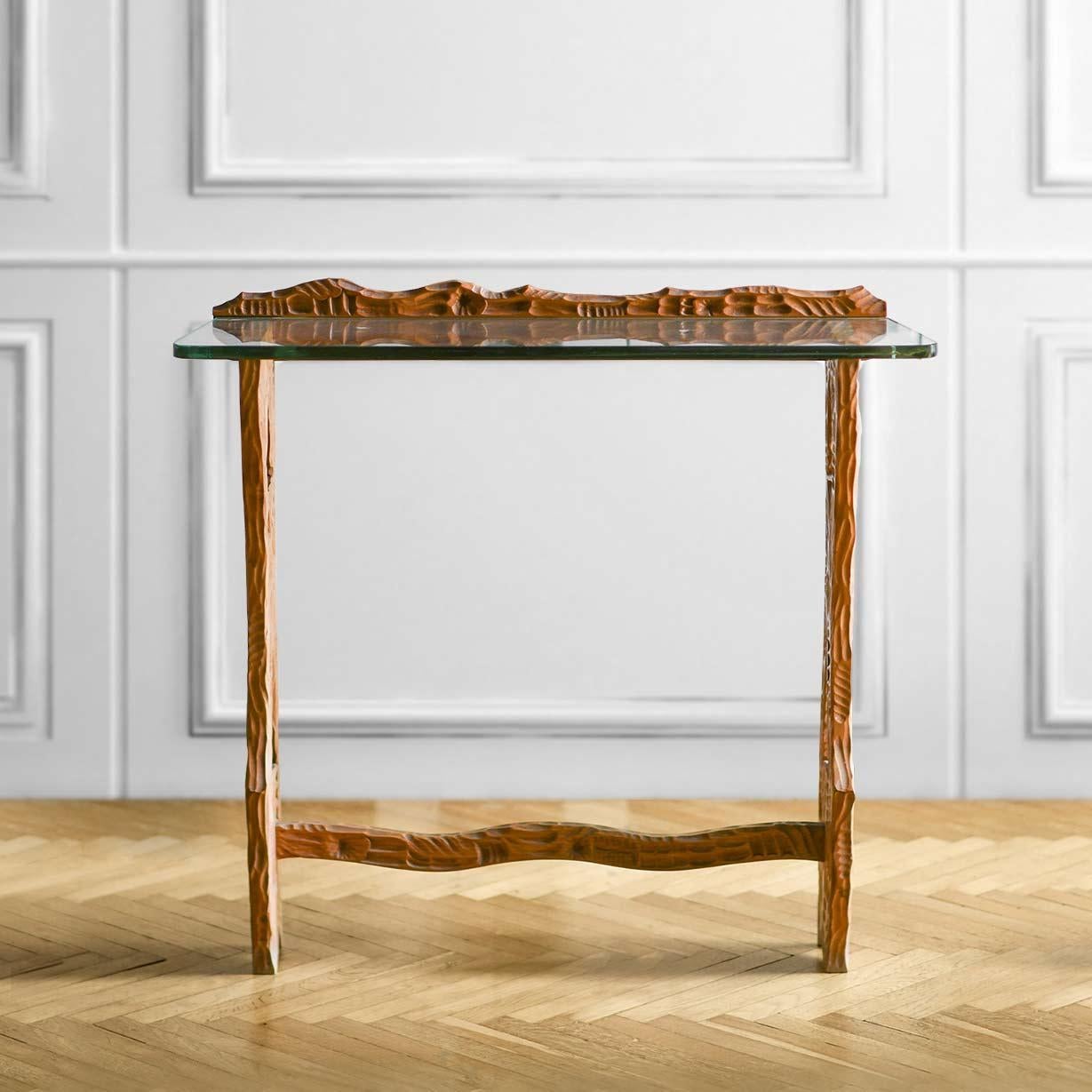 Mid-20th Century Wall Console with Carved Wooden Structure and Cut Glass Top For Sale