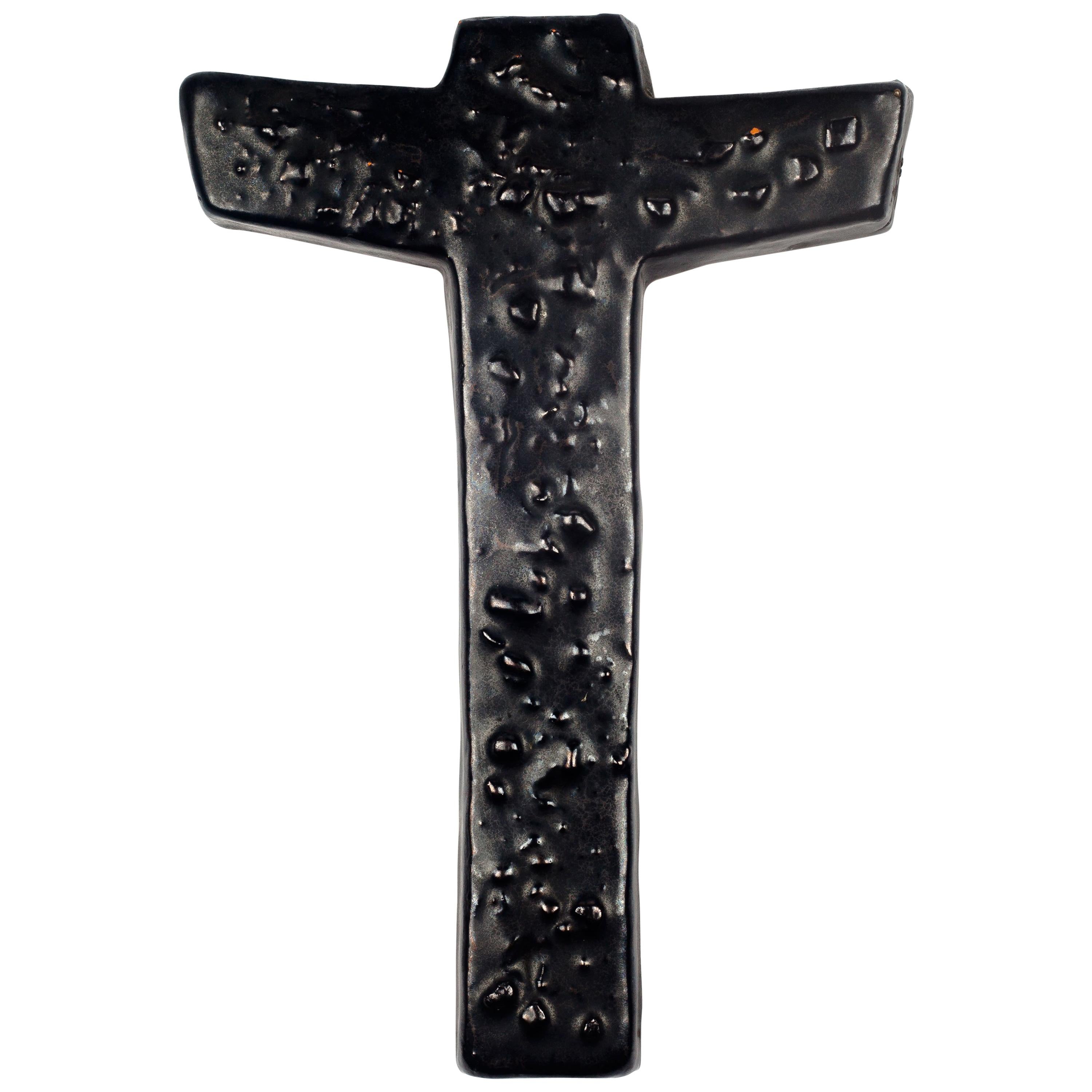 Wall Cross, Black, Textured Ceramic, Handmade in Belgium, 1970s For Sale