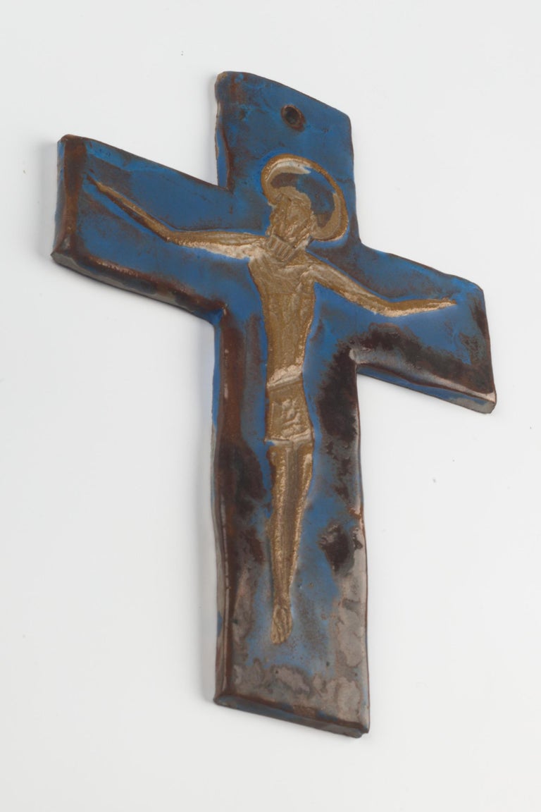 Wall Cross, Blue, Black, Brown Painted Ceramic, Handmade in Belgium