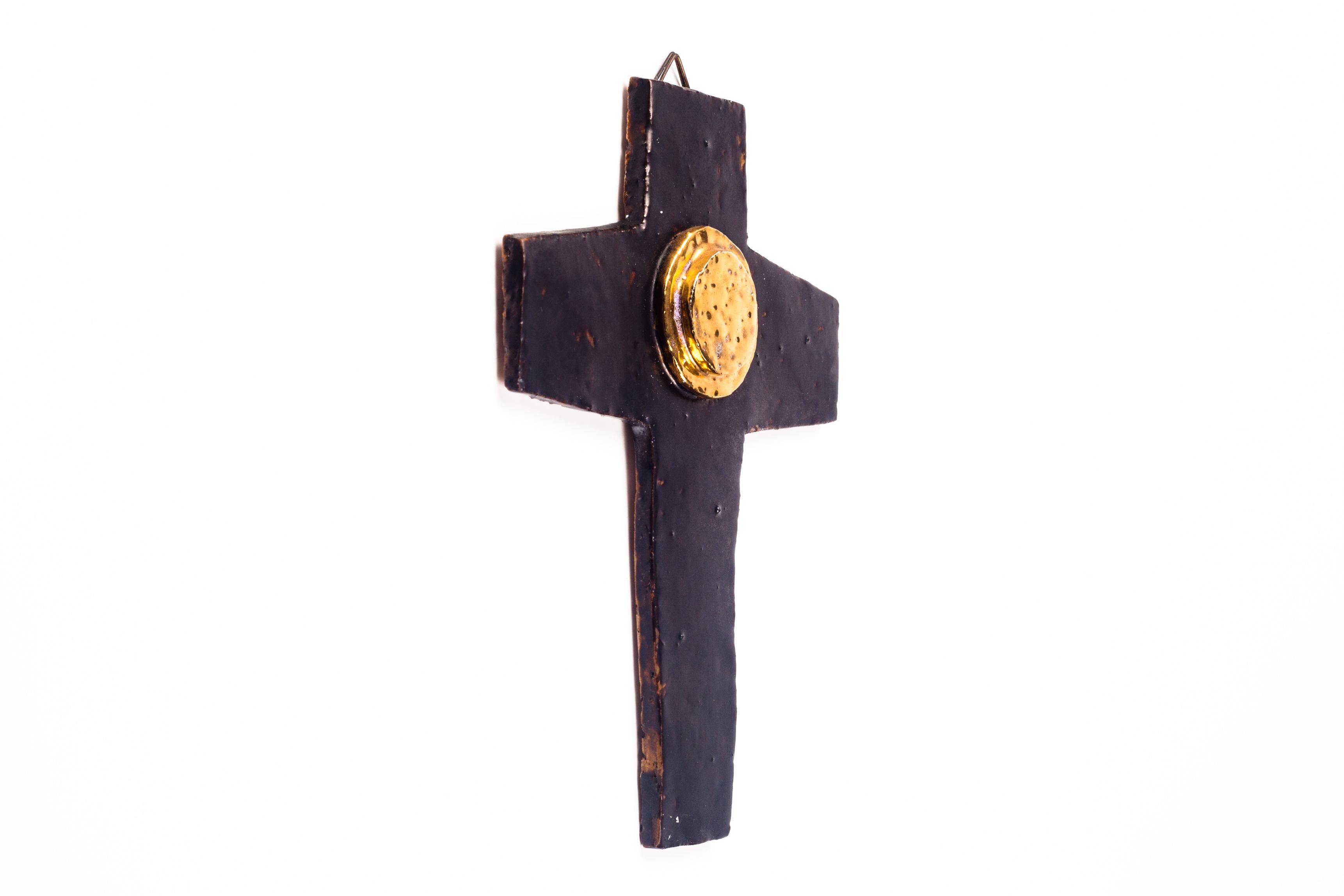Belgian Wall Cross, Brown, Gold Medallion Ceramic, Handmade in Belgium, 1960s