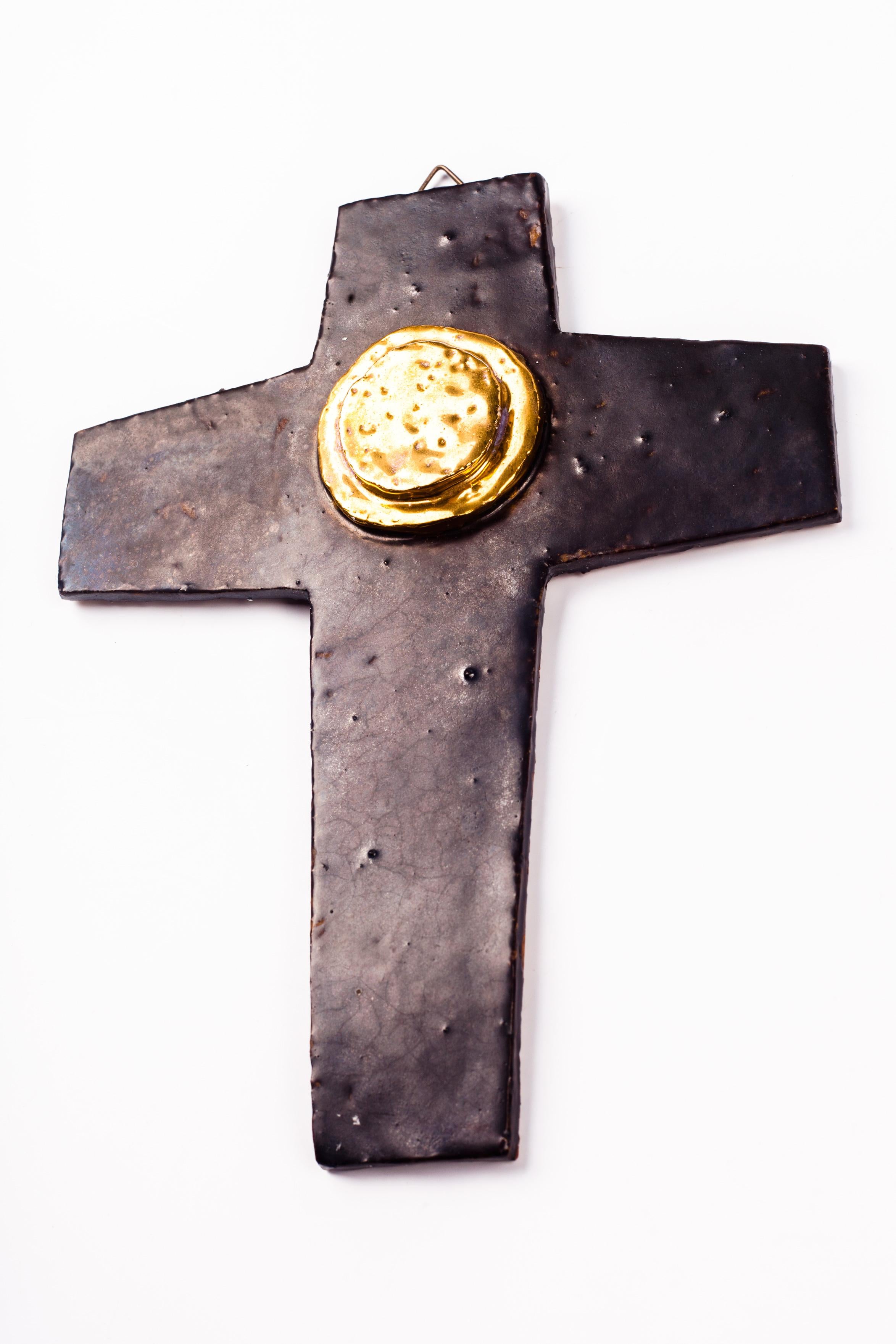 Wall Cross, Brown, Gold Medallion Ceramic, Handmade in Belgium, 1960s In Good Condition In Chicago, IL