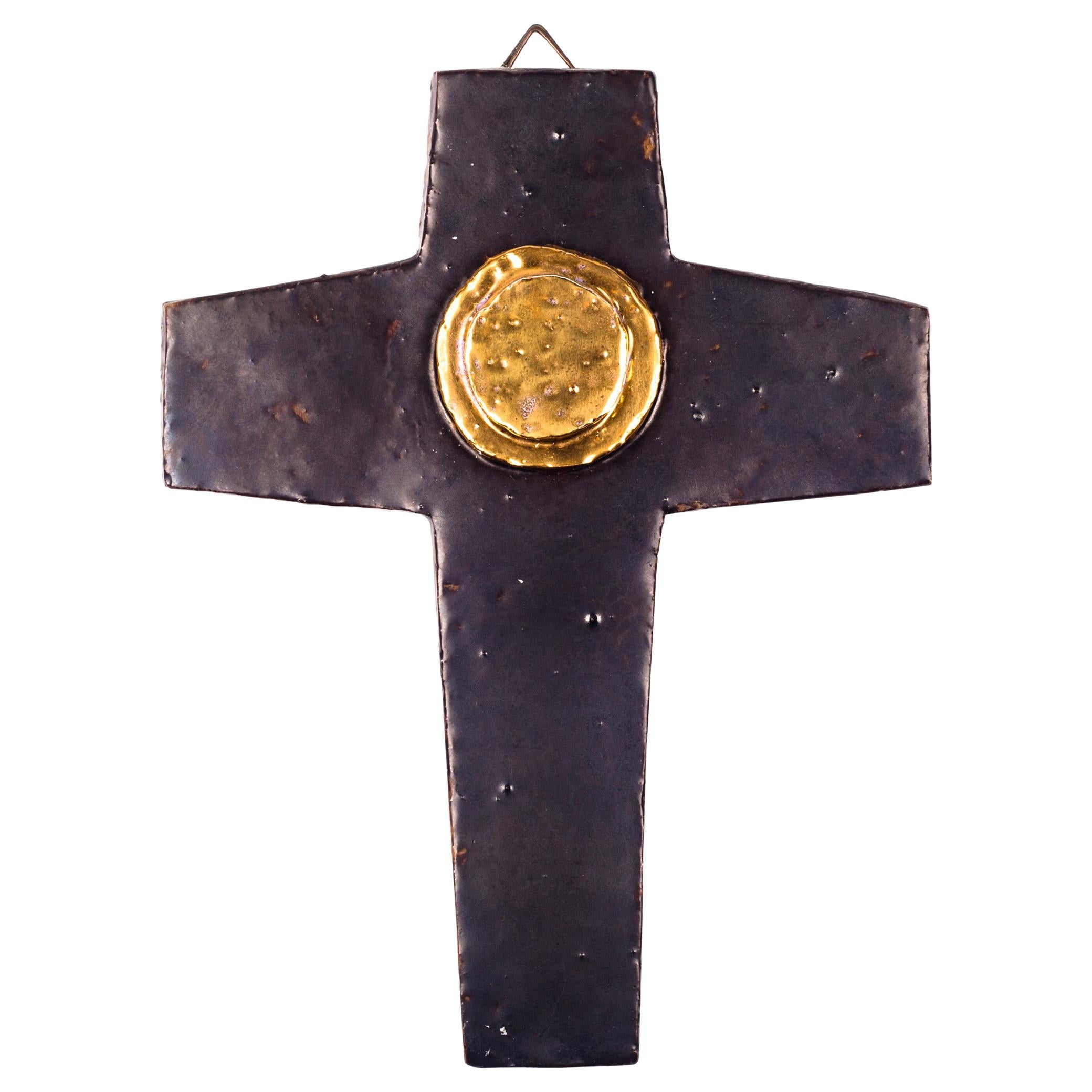 Wall Cross, Brown, Gold Medallion Ceramic, Handmade in Belgium, 1960s