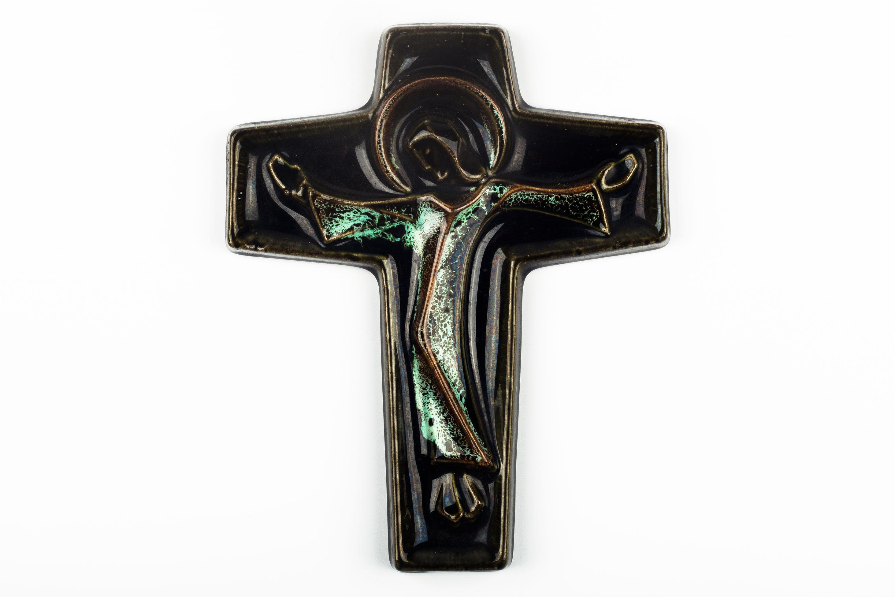 Gothic Wall Cross, Green, Brown Painted Ceramic, Handmade in Belgium, 1970s