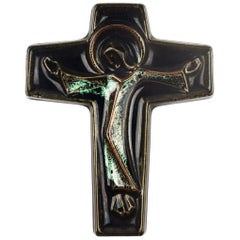 Wall Cross, Green, Brown Painted Ceramic, Handmade in Belgium, 1970s