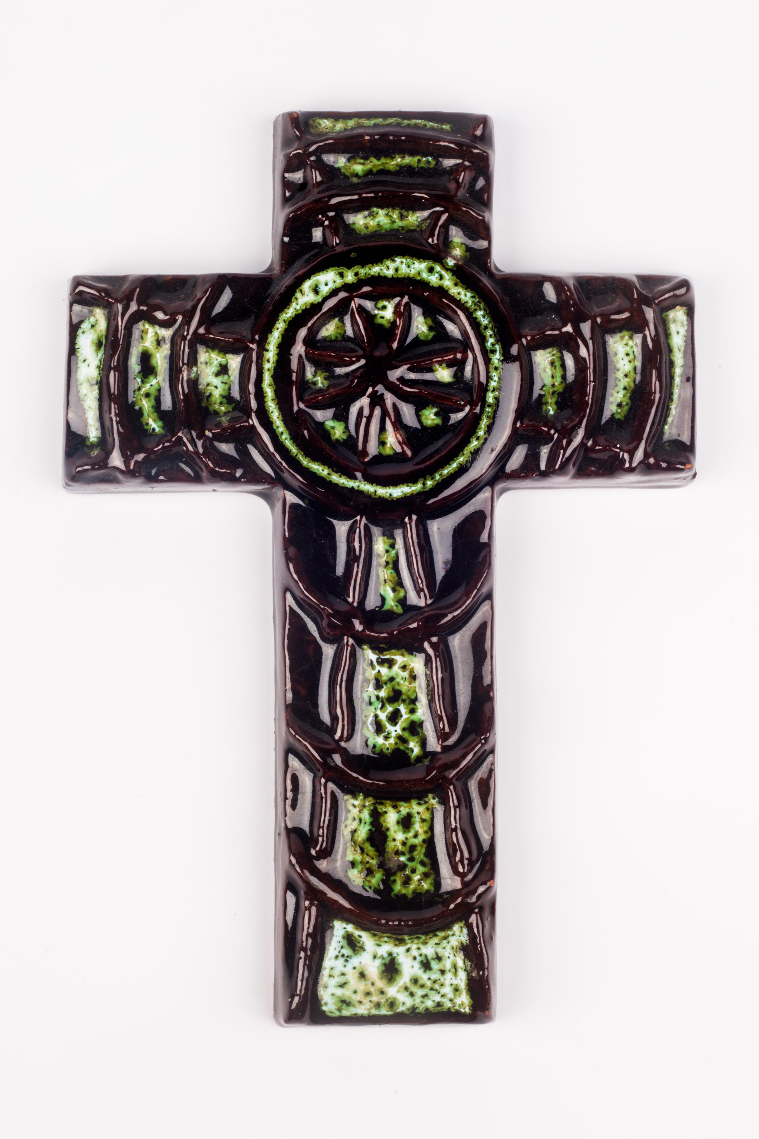 Belgian Wall Cross, Green Painted Ceramic, Handmade in Belgium, 1970s For Sale