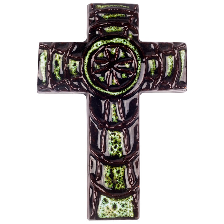 Wall Cross, Green Painted Ceramic, Handmade in Belgium, 1970s For Sale