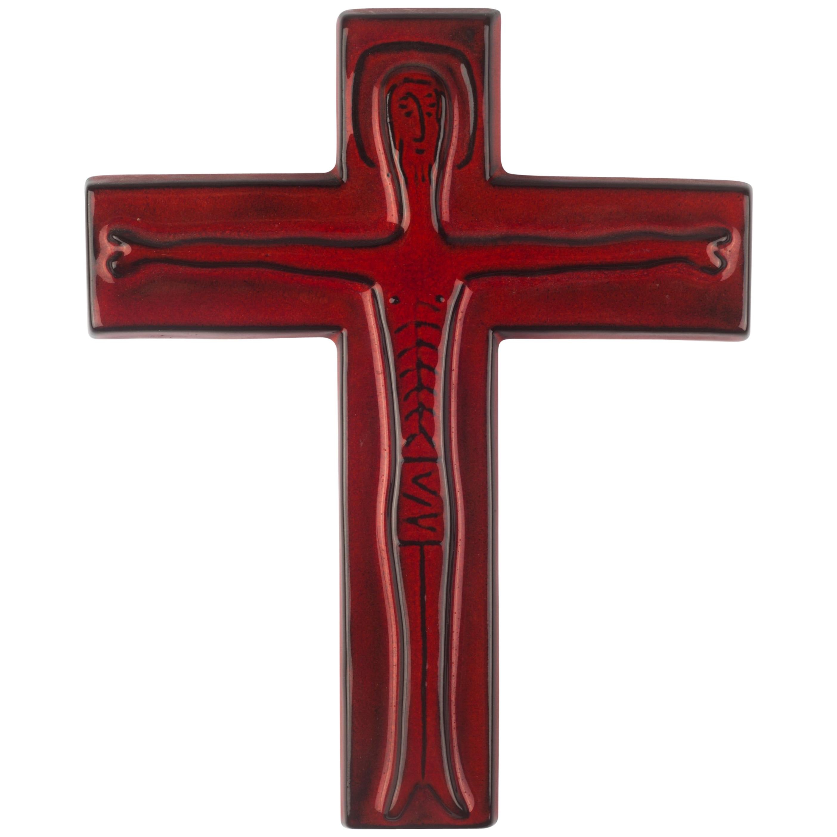Wall Cross in Ceramic, Red, Black, Handmade in Belgium, 1960s im Angebot