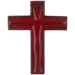 Wall Cross in Ceramic, Red, Black, Handmade in Belgium, 1960s