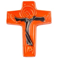 Wall Cross, Orange, Brown Painted Ceramic, Handmade in Belgium, 1970s