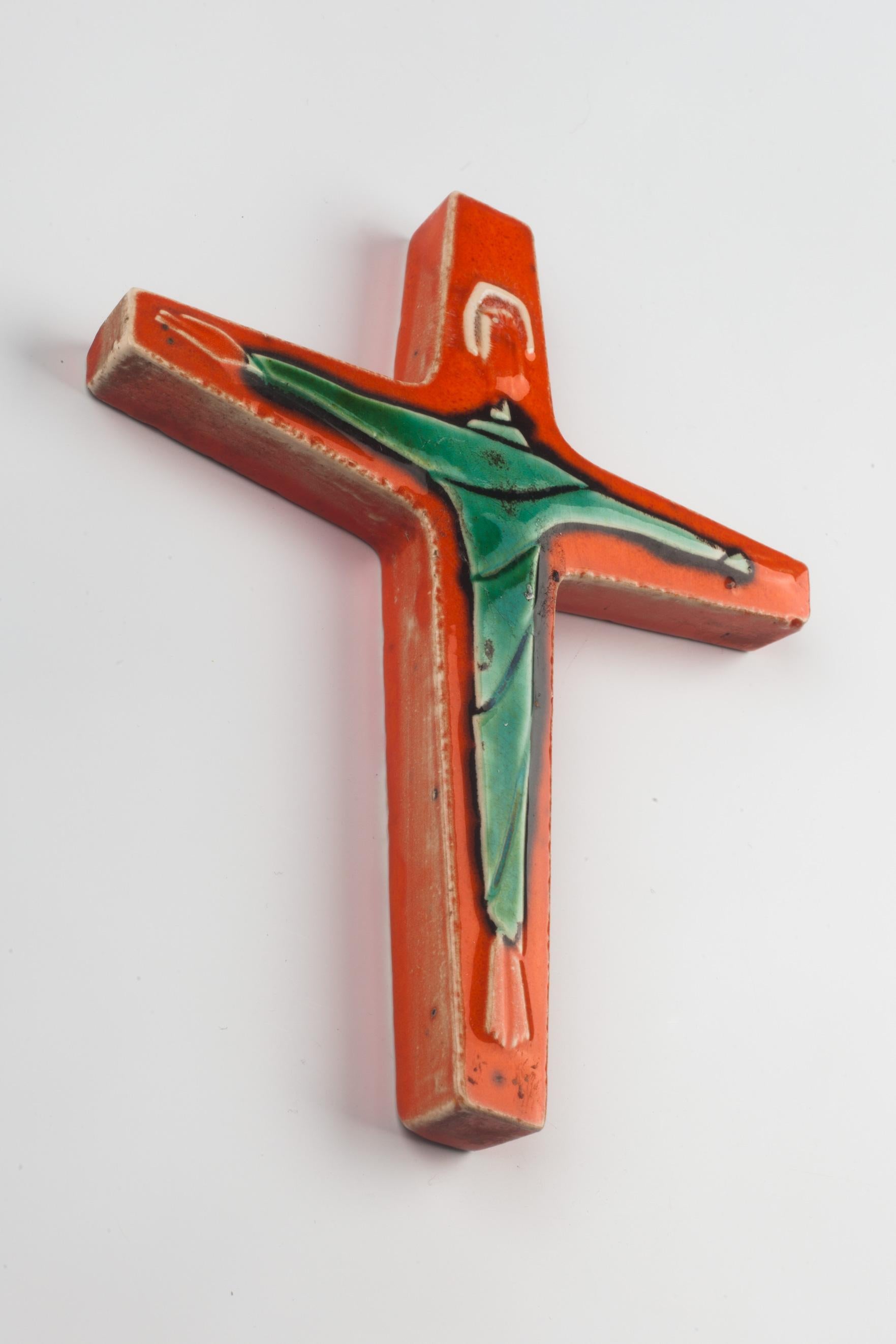 Belgian Wall Cross, Orange, Green Painted Ceramic, Handmade in Belgium, 1960s For Sale