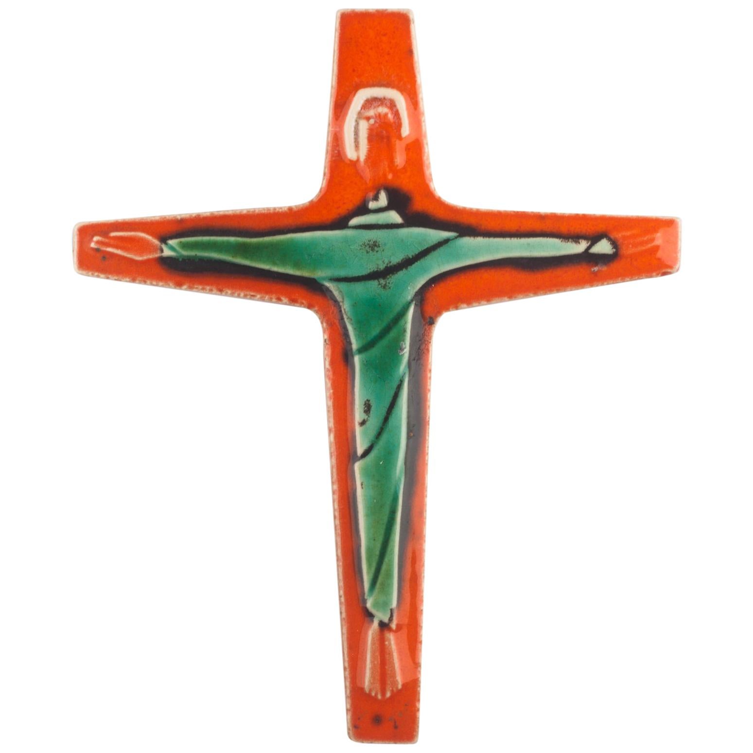 Wall Cross, Orange, Green Painted Ceramic, Handmade in Belgium, 1960s For Sale
