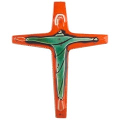 Wall Cross, Orange, Green Painted Ceramic, Handmade in Belgium, 1960s