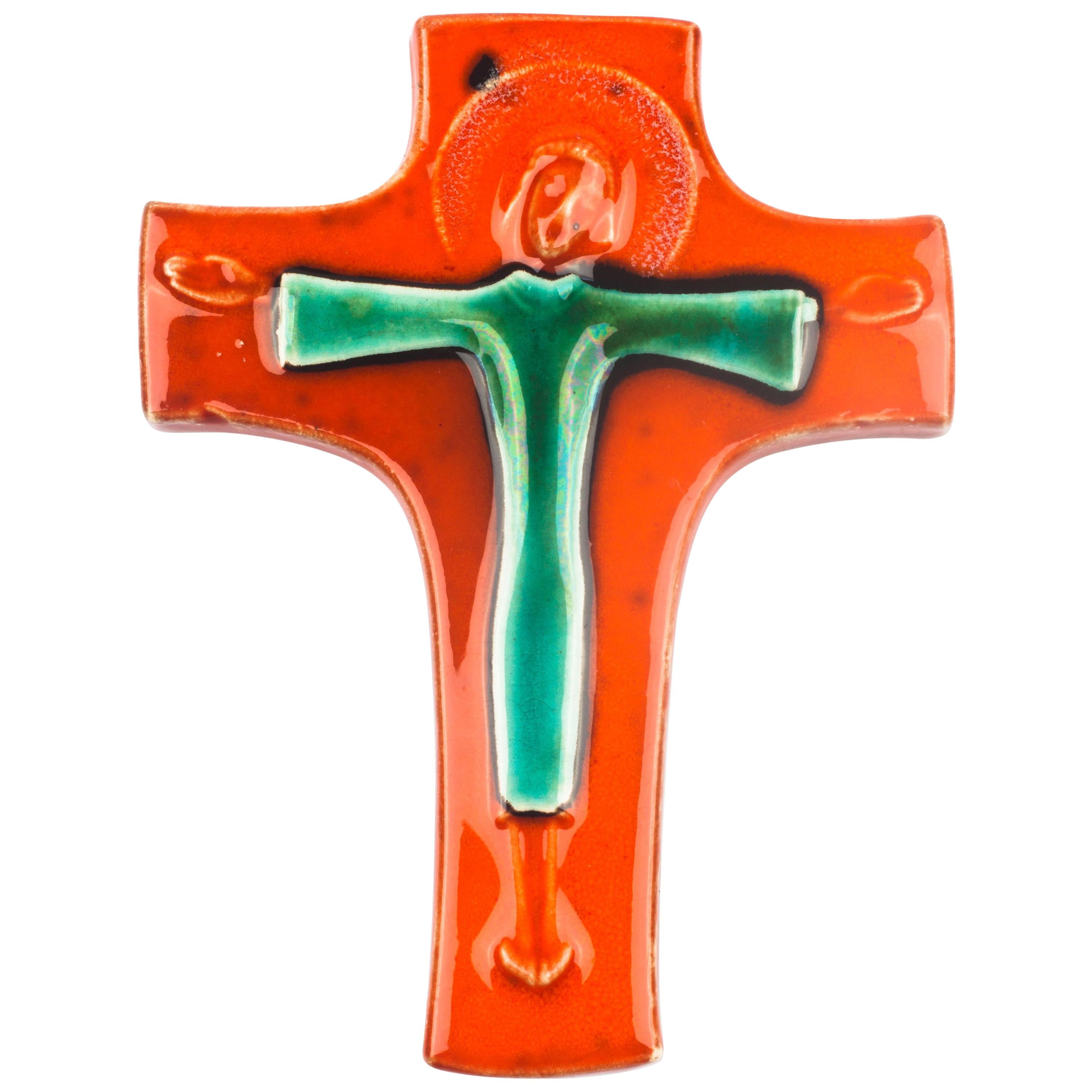 Wall Cross, Orange, Green Painted Ceramic, Handmade in Belgium, 1970s