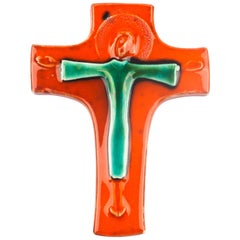 Wall Cross, Orange, Green Painted Ceramic, Handmade in Belgium, 1970s