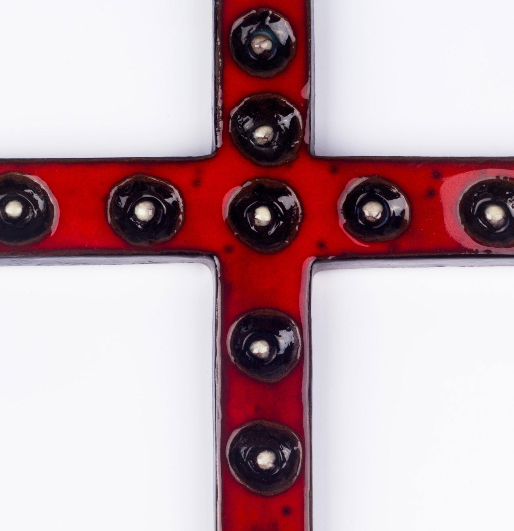 Belgian Wall Cross, Red, White, Black Painted Ceramic, Handmade in Belgium, 1970s