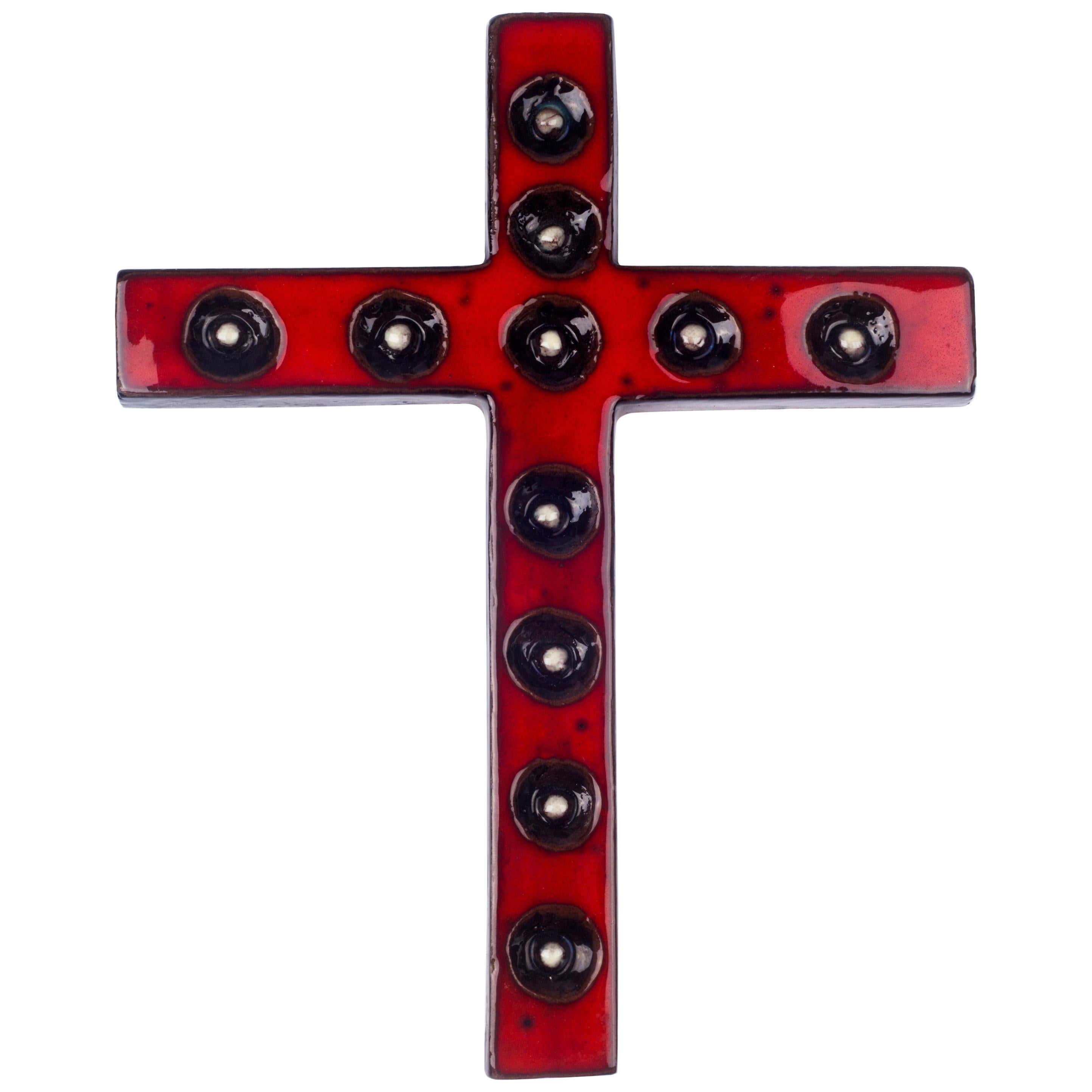 Wall Cross, Red, White, Black Painted Ceramic, Handmade in Belgium, 1970s