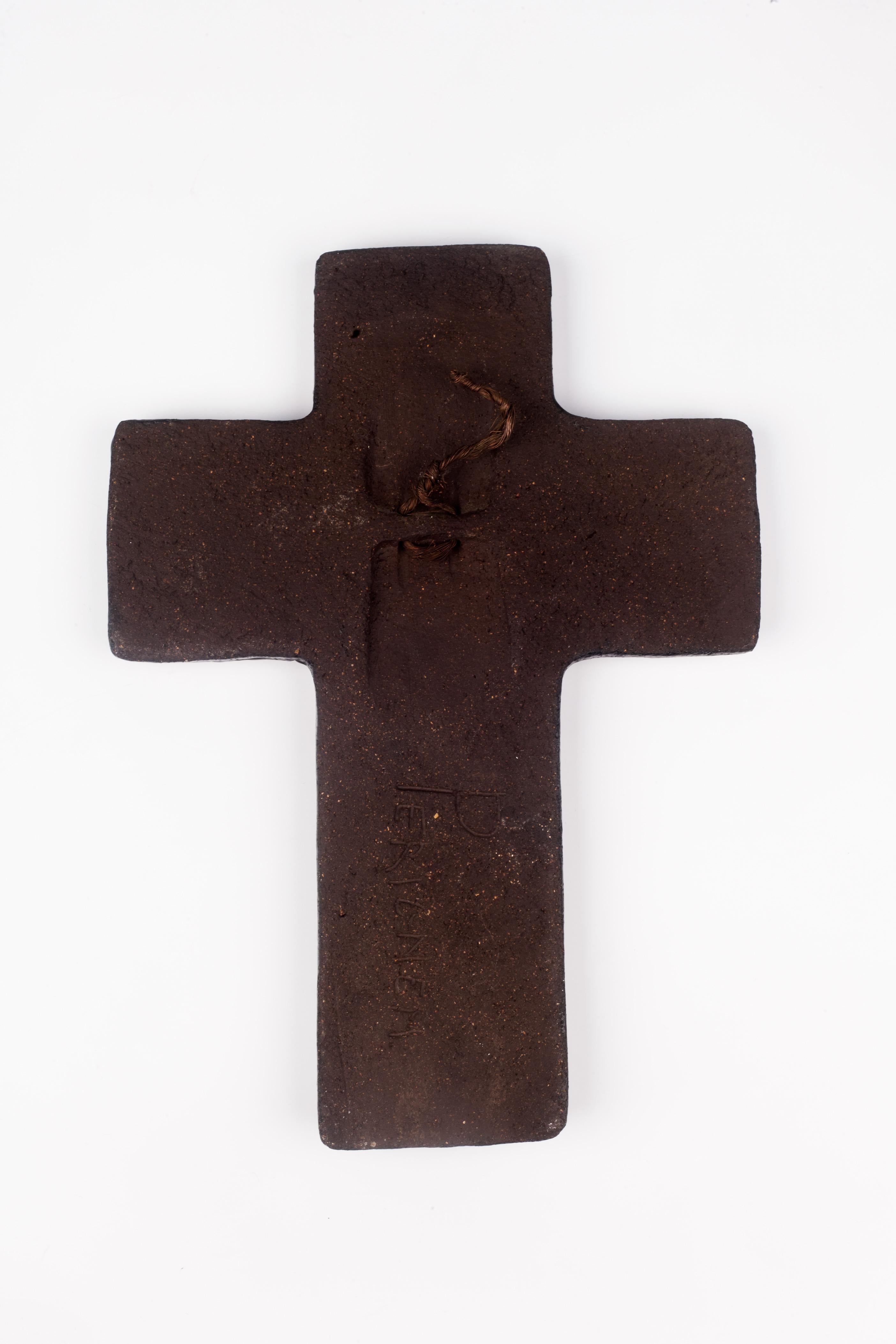 Modern Wall Crucifix in Ceramic, Hand Painted, Grey, Black, Made in Belgium, 1950s