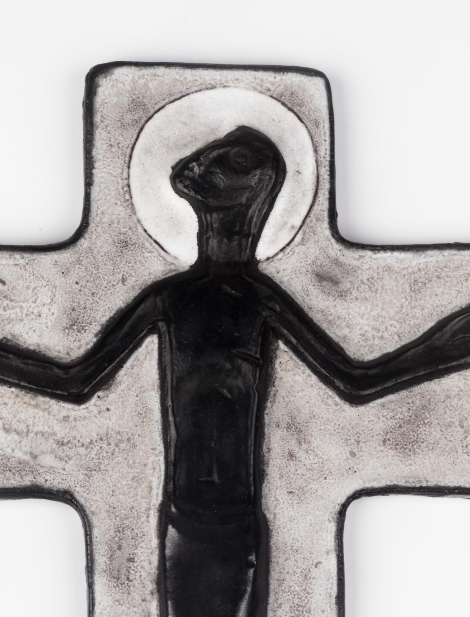 Belgian Wall Crucifix in Ceramic, Hand Painted, Grey, Black, Made in Belgium, 1950s