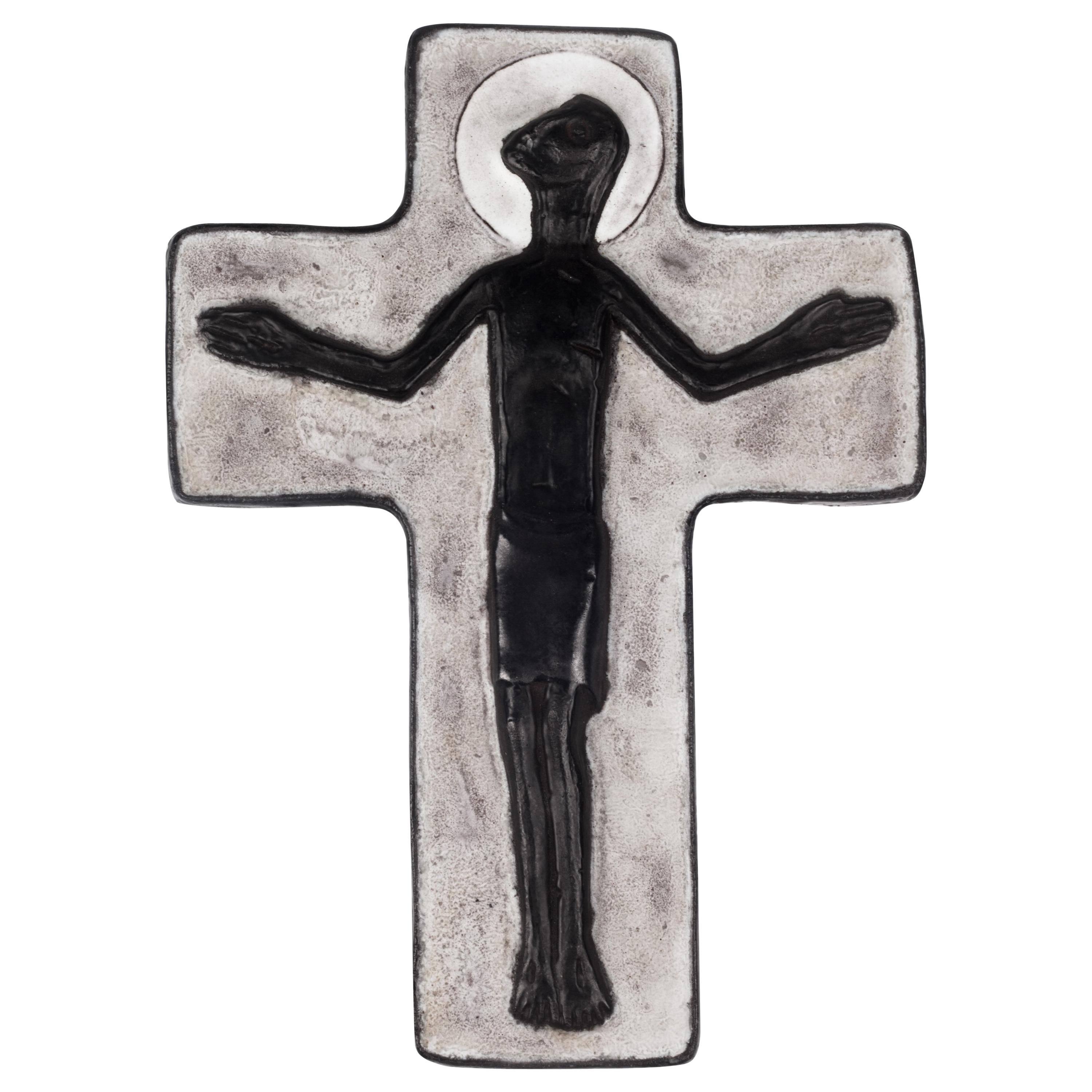 Wall Crucifix in Ceramic, Hand Painted, Grey, Black, Made in Belgium, 1950s