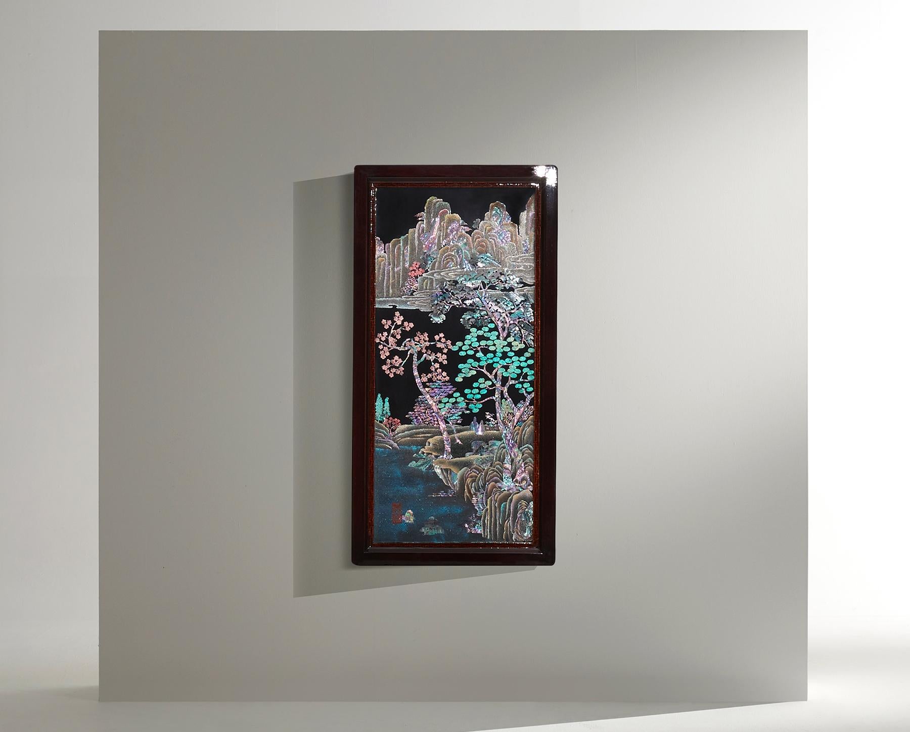 Landscape painting with mother-of-pearl inlay by Arijian.