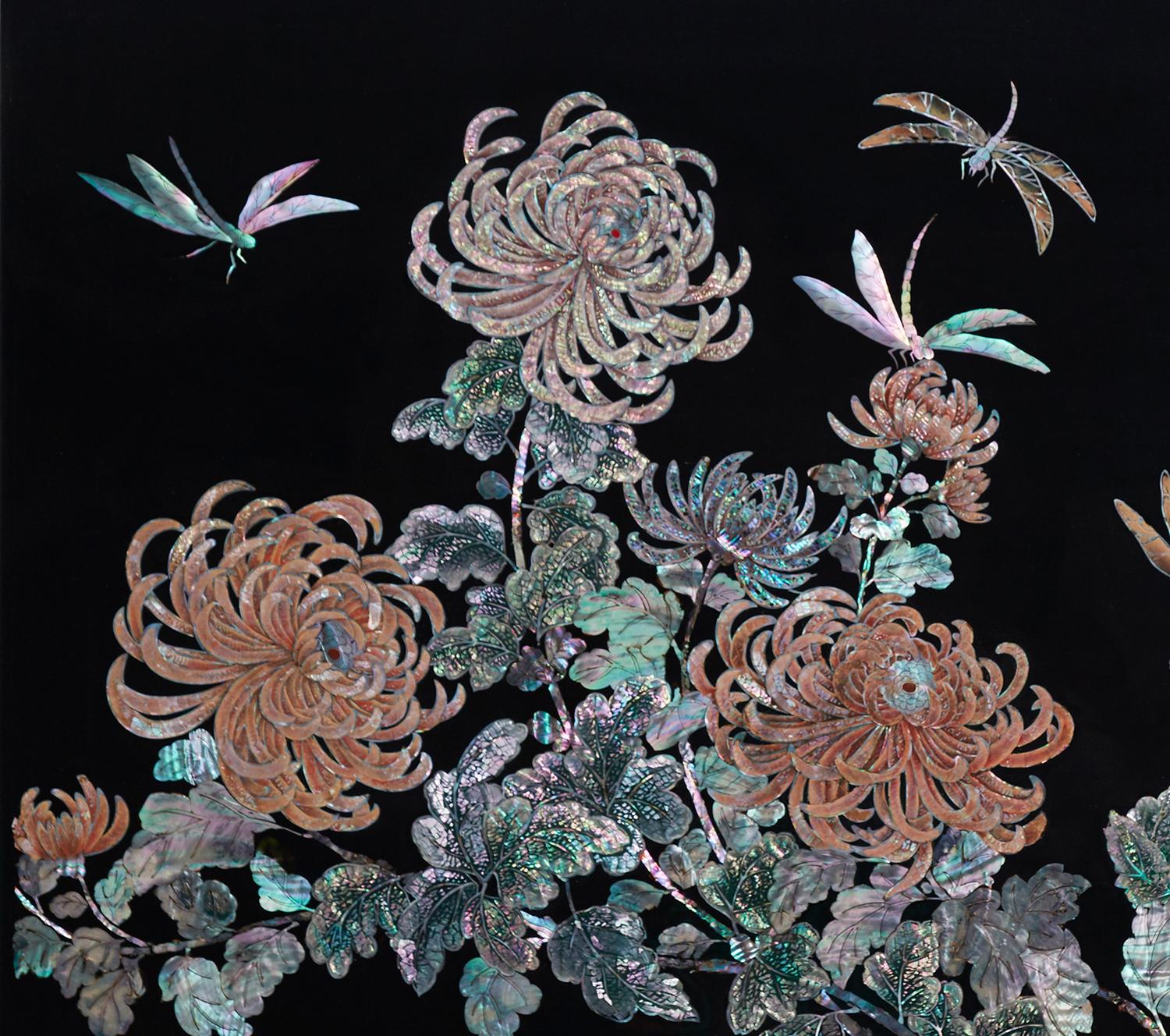 Lacquered Wall Decor Handcrafted Painting on Wood Panel by Arijian Chrysanthemum 03 For Sale