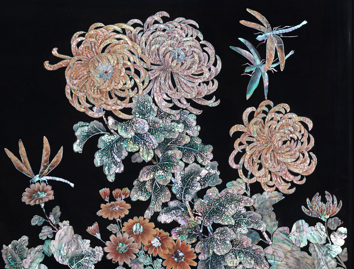 South Korean Wall Decor Handcrafted Painting on Wood Panel by Arijian Chrysanthemum 03 For Sale