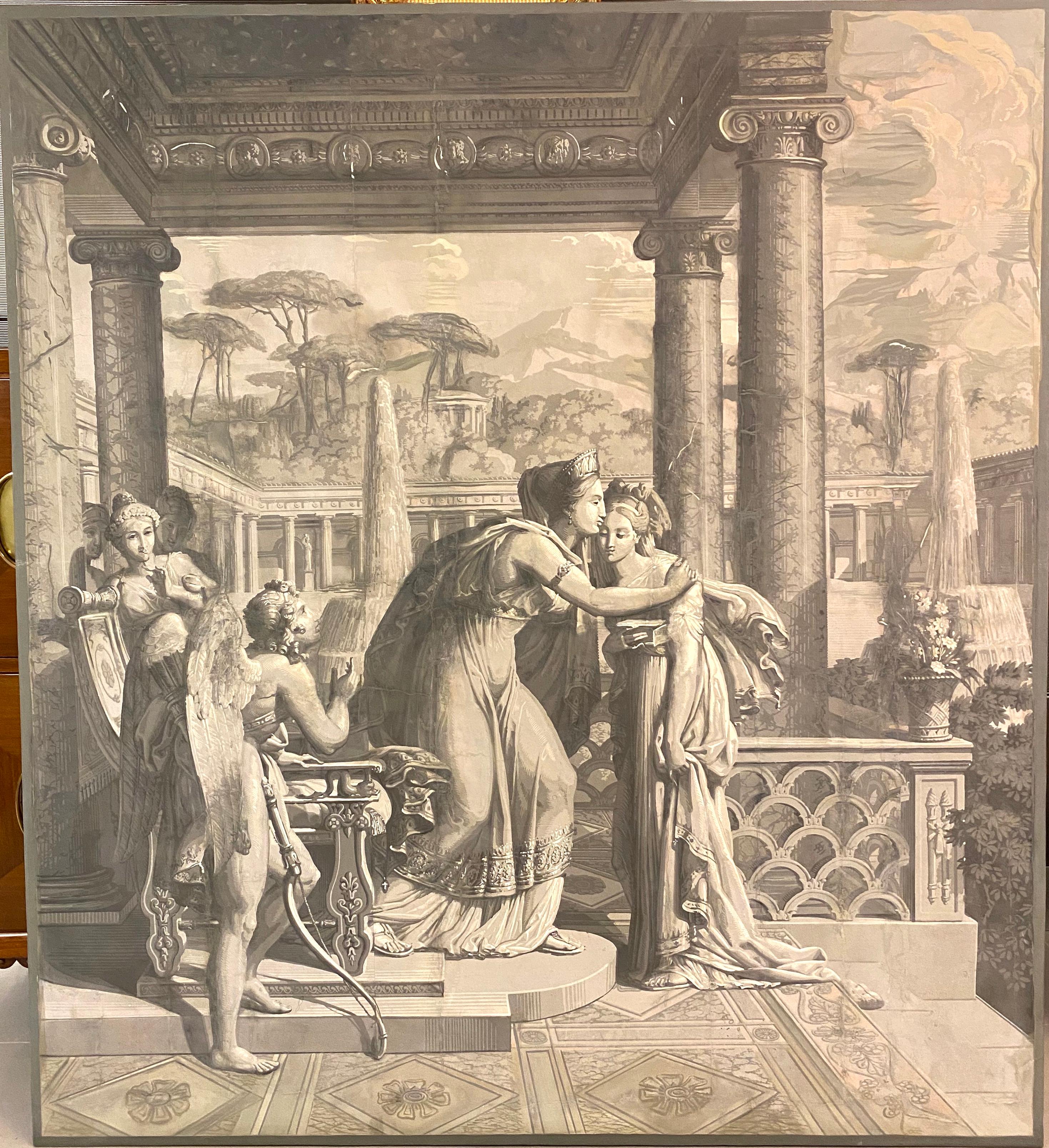 Papiers peints 'En Grisaille' from the psyche´ series manufactured by Dufour, Paris, after designs by Merry-Joseph Blondel and Louis Lafitte.
Depicting `the Reconciliation of Venus and Psyché' .
186cm high, 165.5cm wide; 6ft. 1¾in., 5ft.