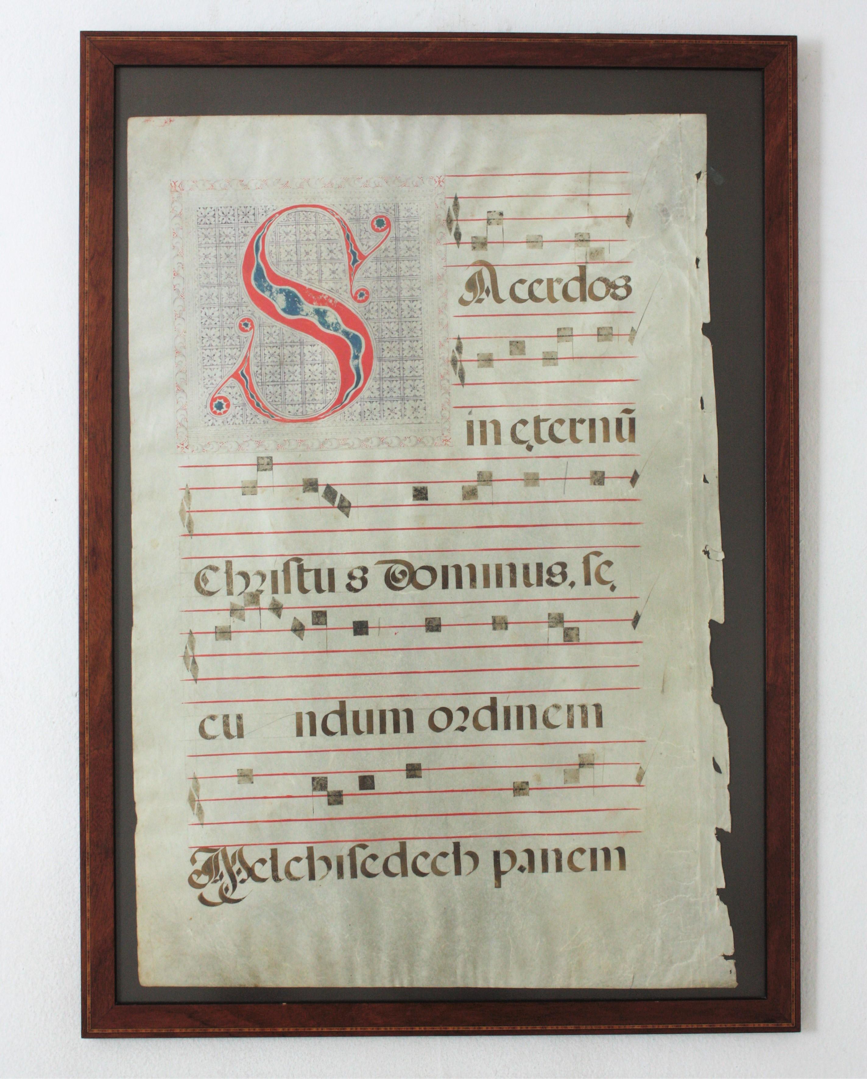 Großes Manuskriptblatt mit gregorianischen Gesängen auf Pergament
