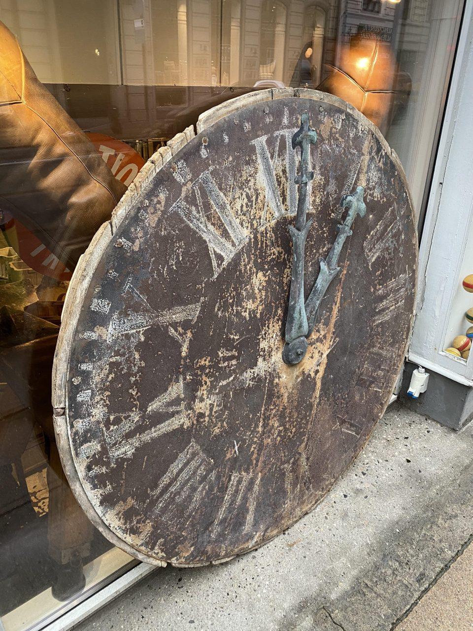 Enormous vintage French ‘CADRAN’ clock face. Originally from a church or town hall tower. Wonderful wooden Roman numerals on a wooden face. Lots of weathered patina, a super wall decoration.