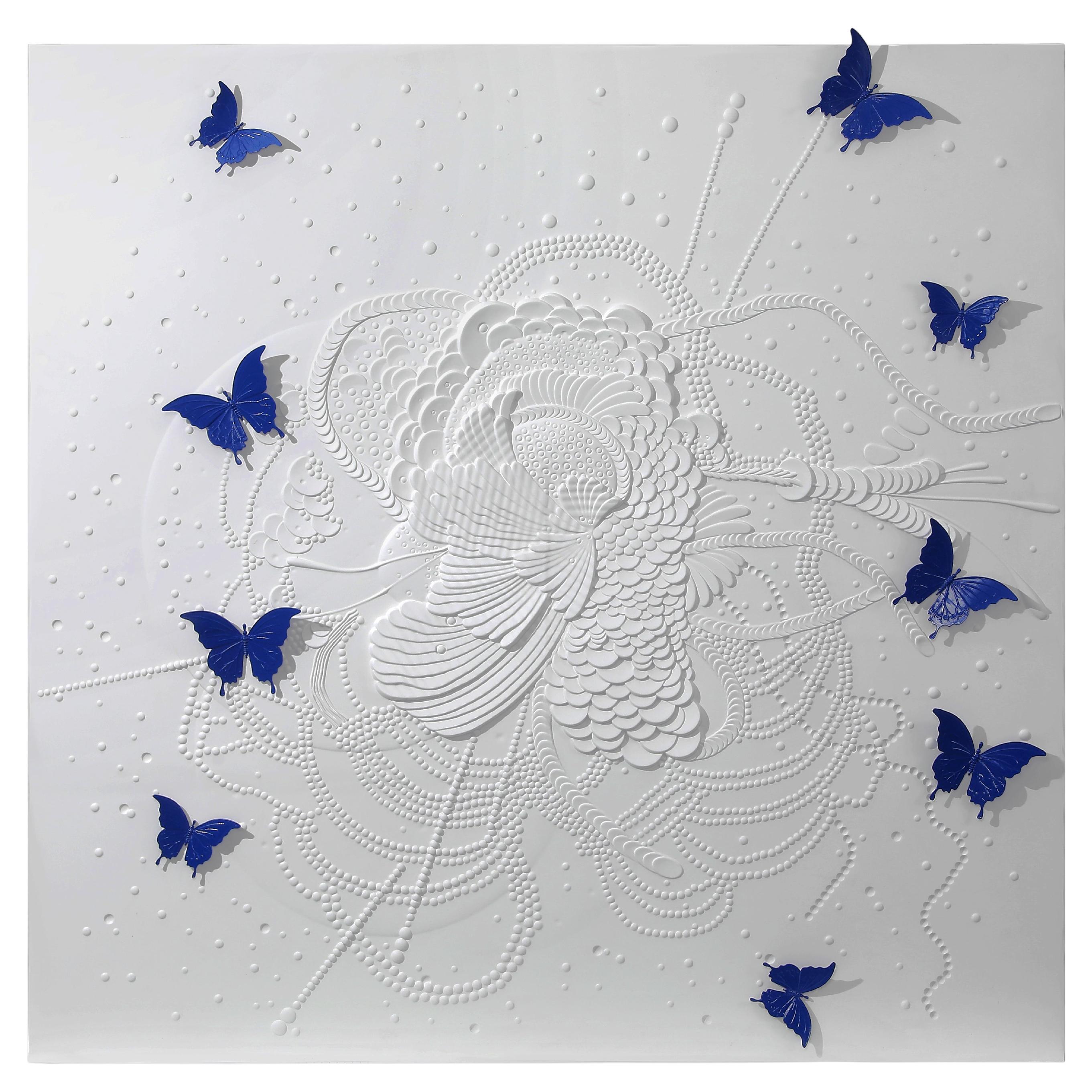 Wall Decorative Blue Butterflies Dance Sculpture on Solid Wood Carved Board