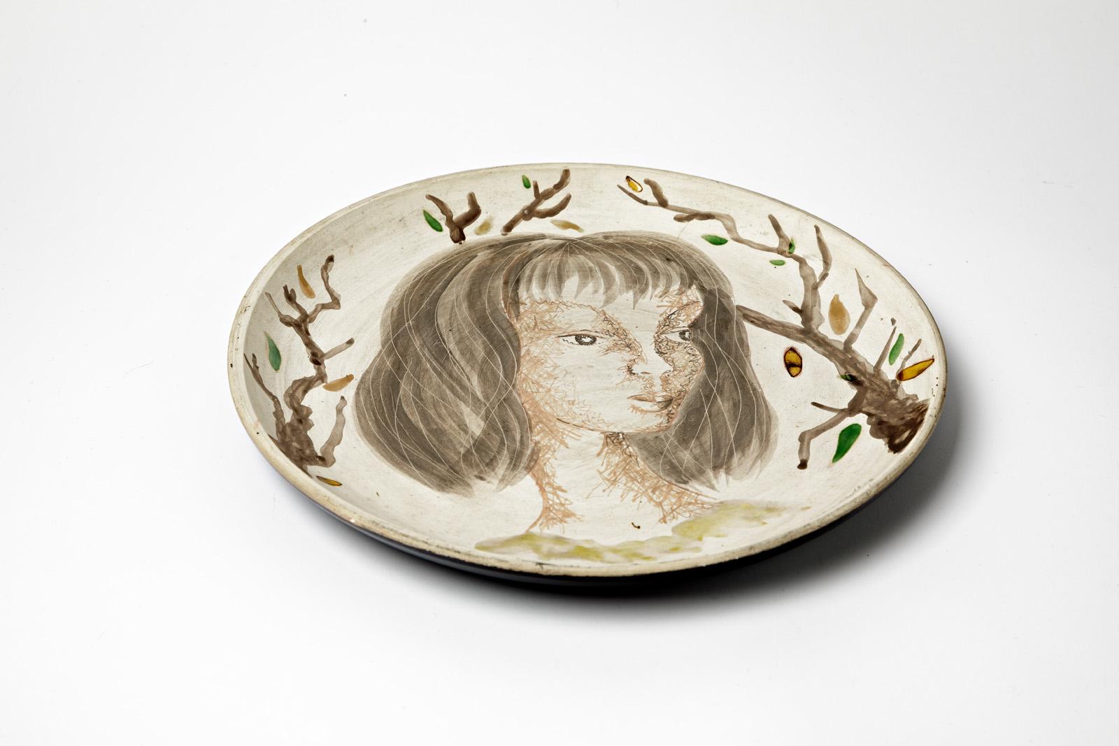 Mid-Century Modern Wall Decorative Figurative Ceramic Plate by Marie Madelaine Jolly French 20th  For Sale