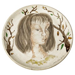 Vintage Wall Decorative Figurative Ceramic Plate by Marie Madelaine Jolly French 20th 