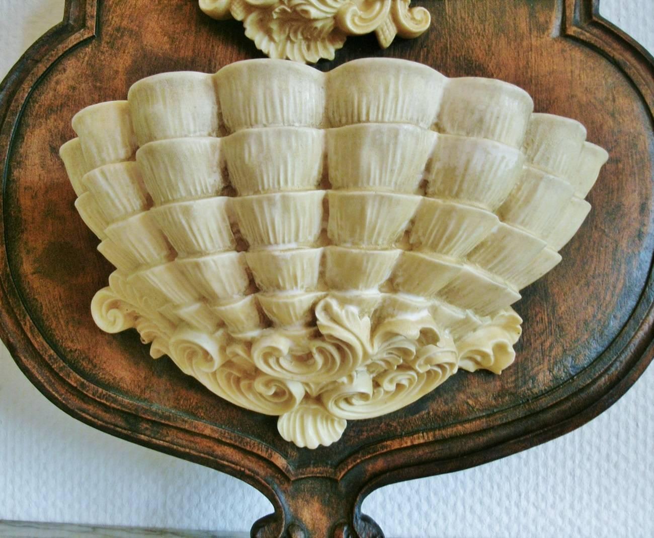 Portuguese Wall Decorative Fountain Dolphin and Shell Sculpture on Carved Oak Panel For Sale