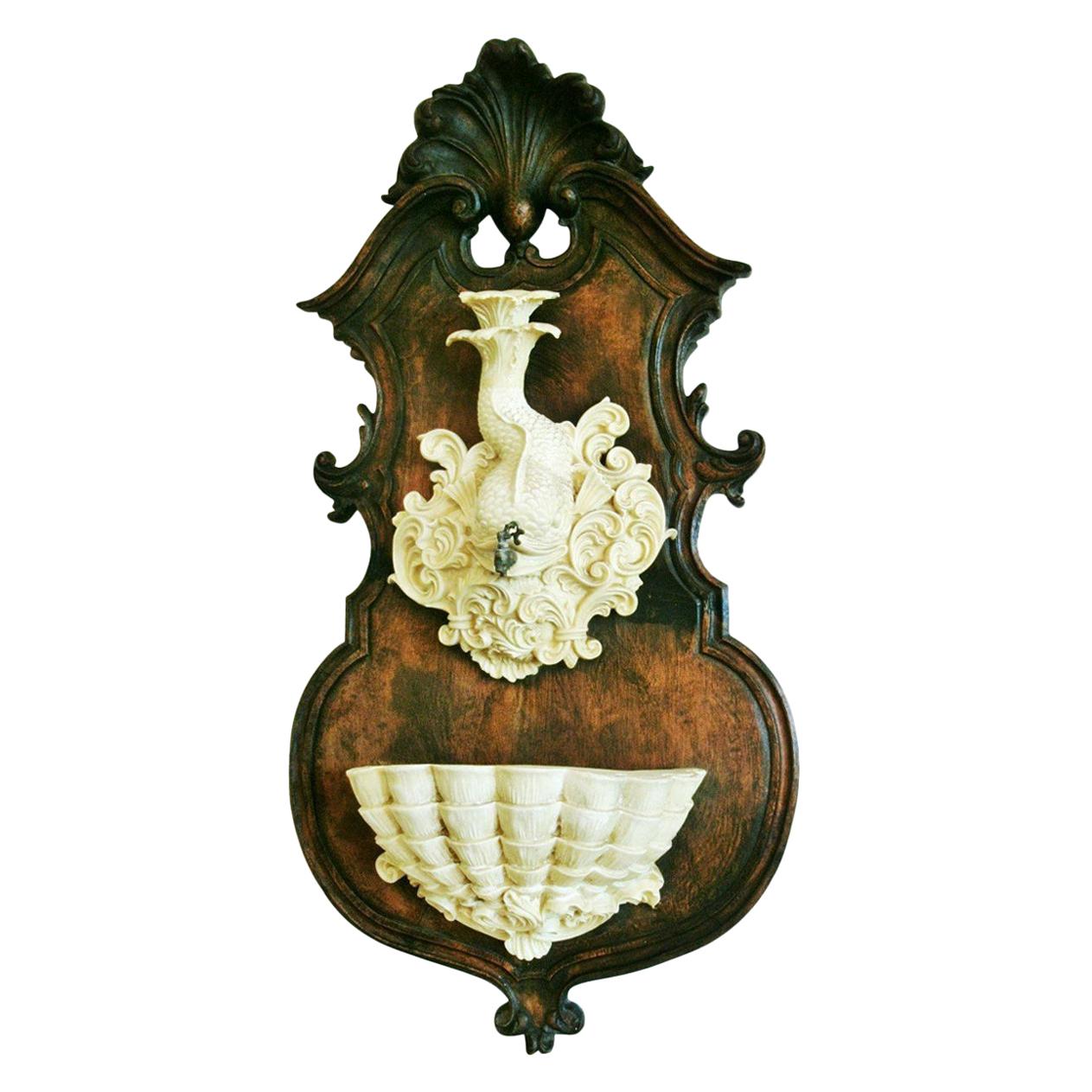 Wall Decorative Fountain Dolphin and Shell Sculpture on Carved Oak Panel For Sale