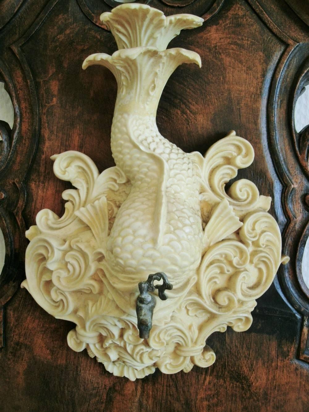 Baroque Wall Decorative Fountain Dolphin and Shell Sculpture on Carved Oak Panel For Sale