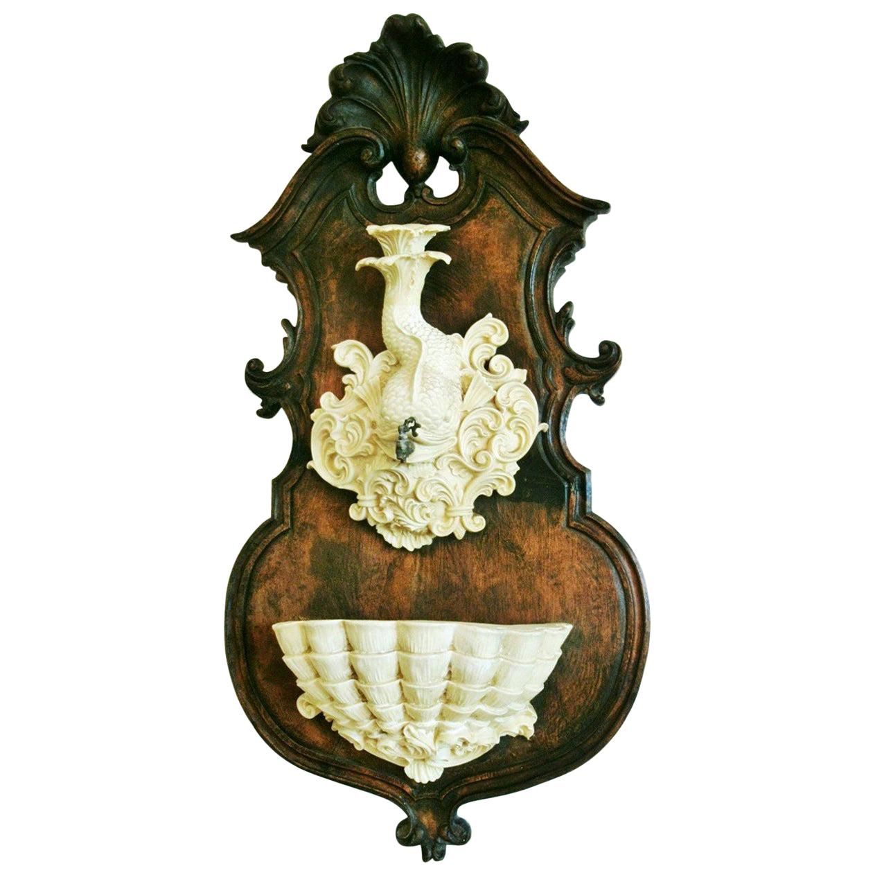 Wall Decorative Fountain Dolphin and Shell Sculpture on Carved Oak Panel For Sale