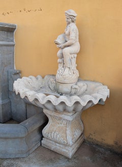 Wall Fountain Hand-Carved in Marble with a Figure with Foot and Shell