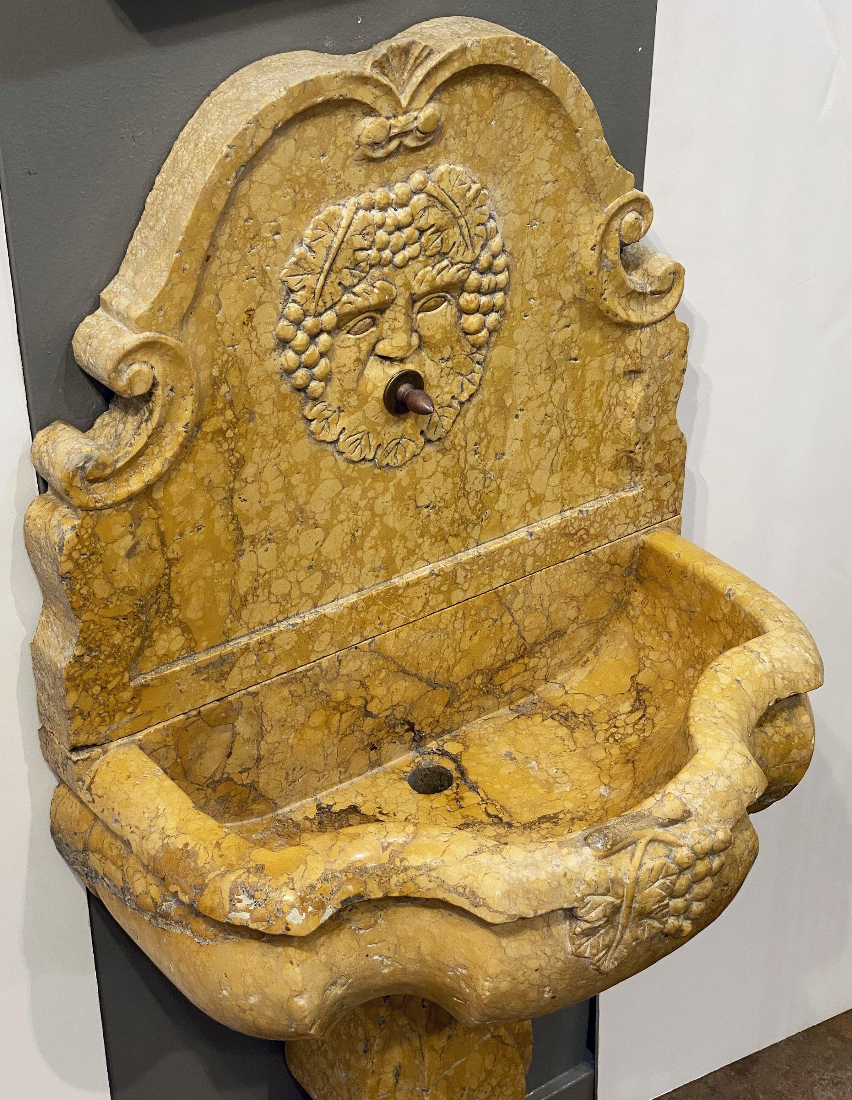 19th Century Wall Fountain of Carved Siena Marble with Bacchus or Dionysus Relief from Italy