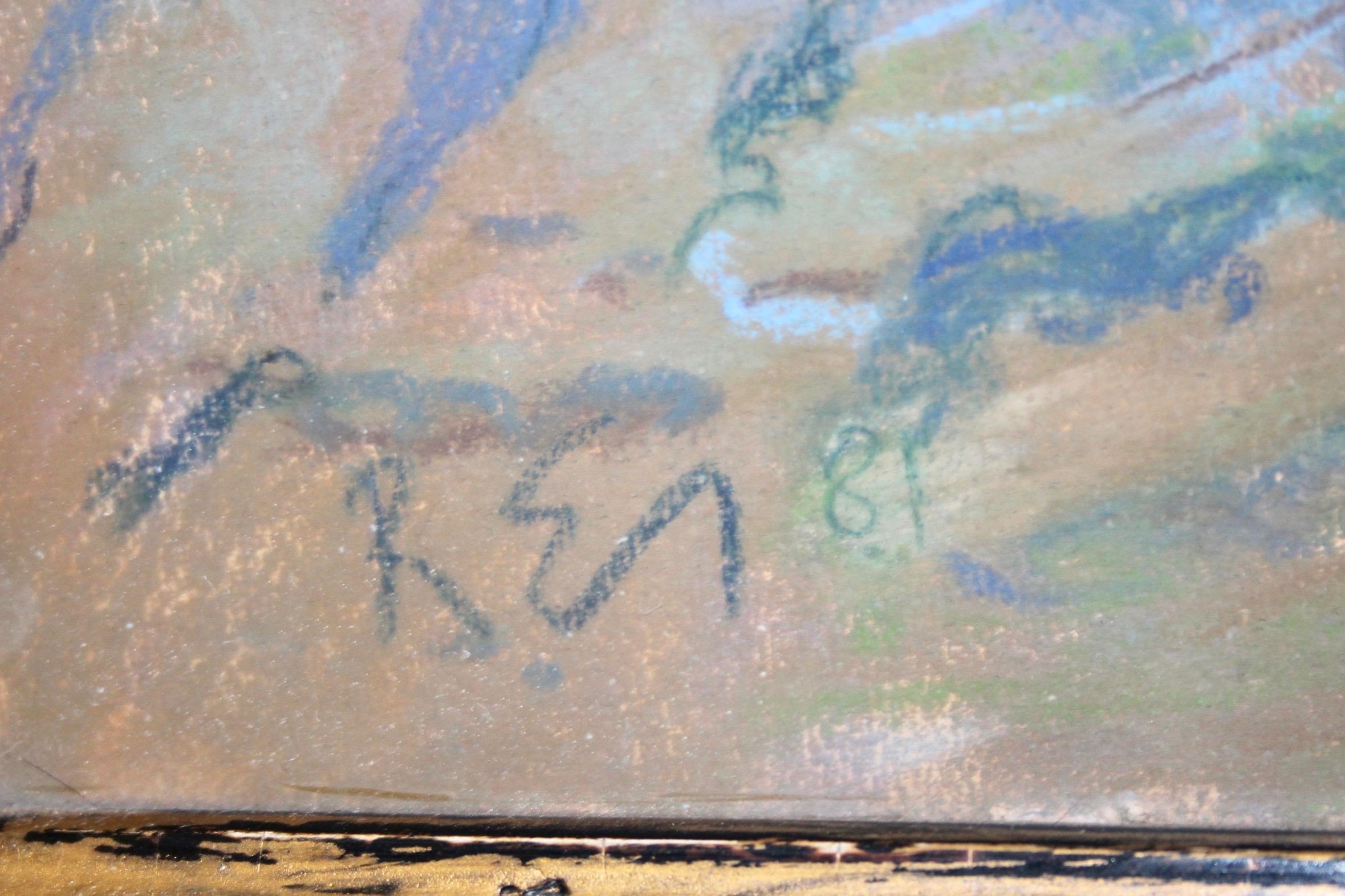 Swiss wall gouache of a mountain paysage monogram R E and dated 81 For Sale