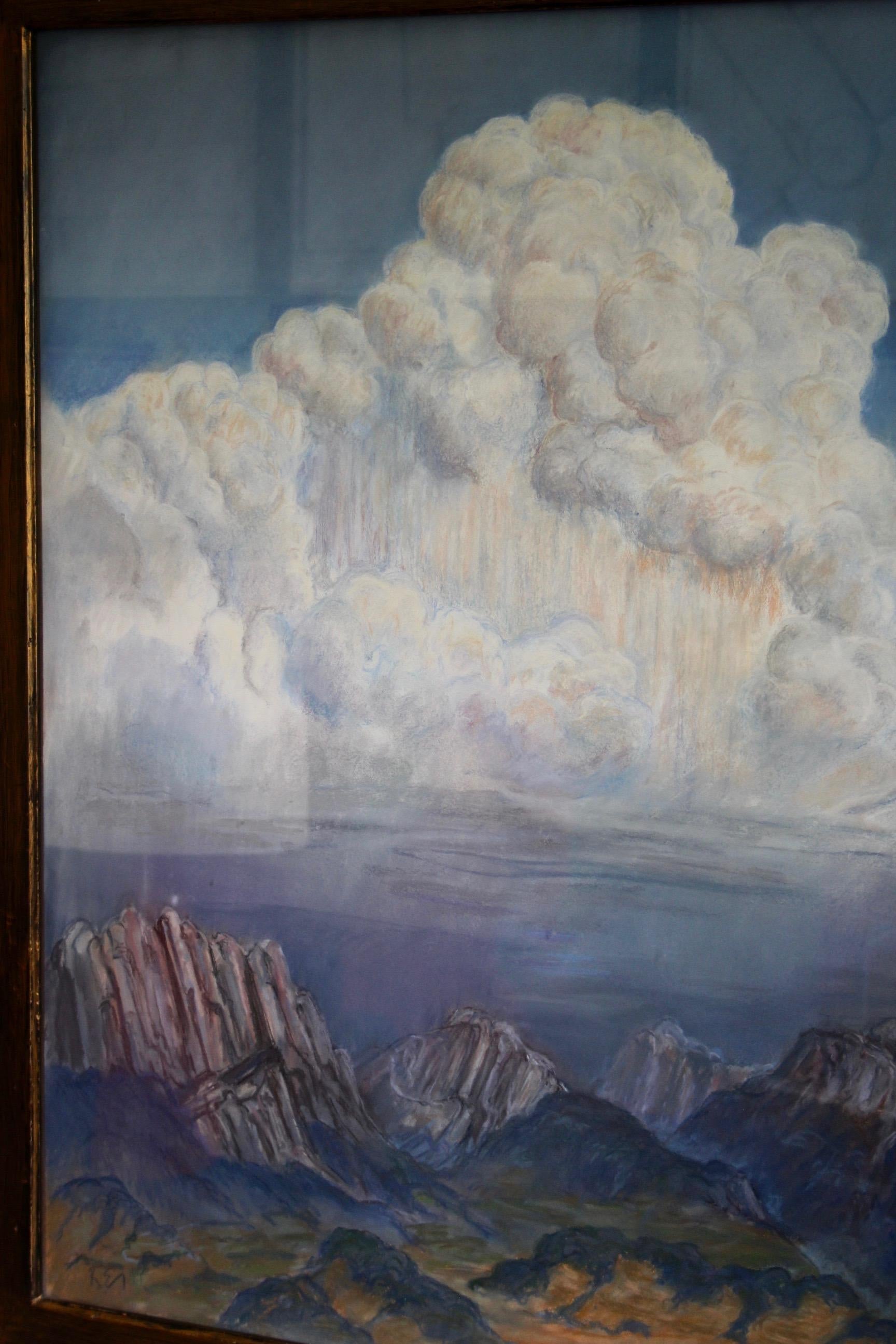 Paper wall gouache of a mountain paysage monogram R E and dated 81 For Sale