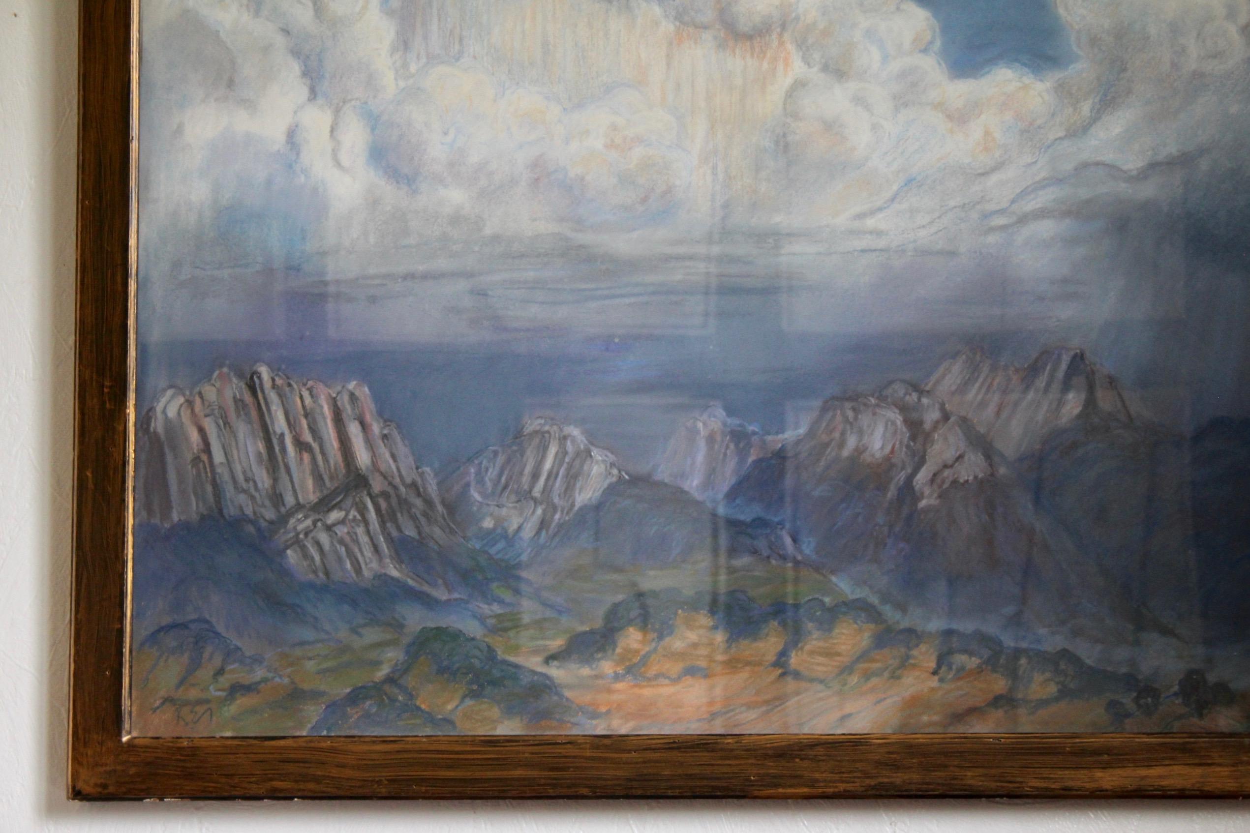 wall gouache of a mountain paysage monogram R E and dated 81 For Sale 1