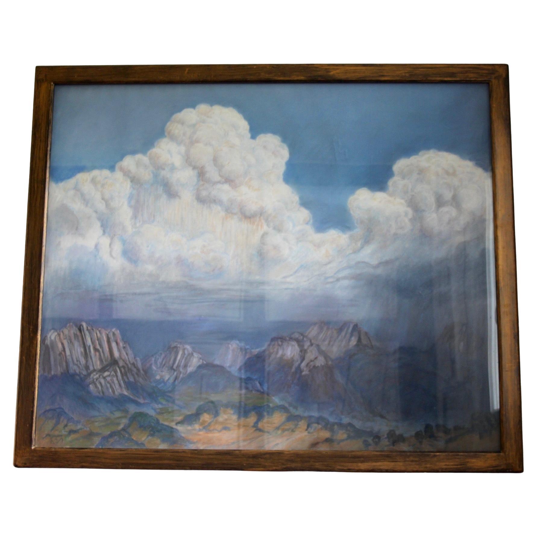 Wand Gouache einer Berglandschaft mit Monogramm R E und datiert 81