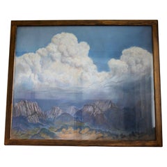 Wand Gouache einer Berglandschaft mit Monogramm R E und datiert 81