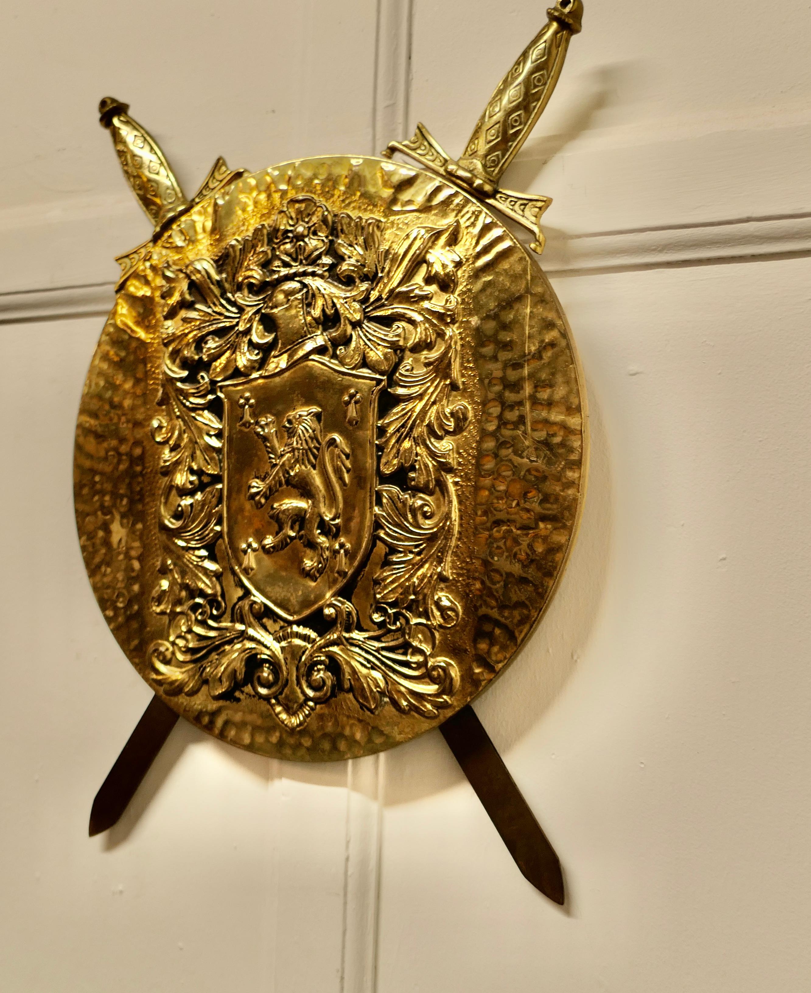 Wall Hanging Arts and Crafts Brass Shield with Cross Swords In Good Condition In Chillerton, Isle of Wight