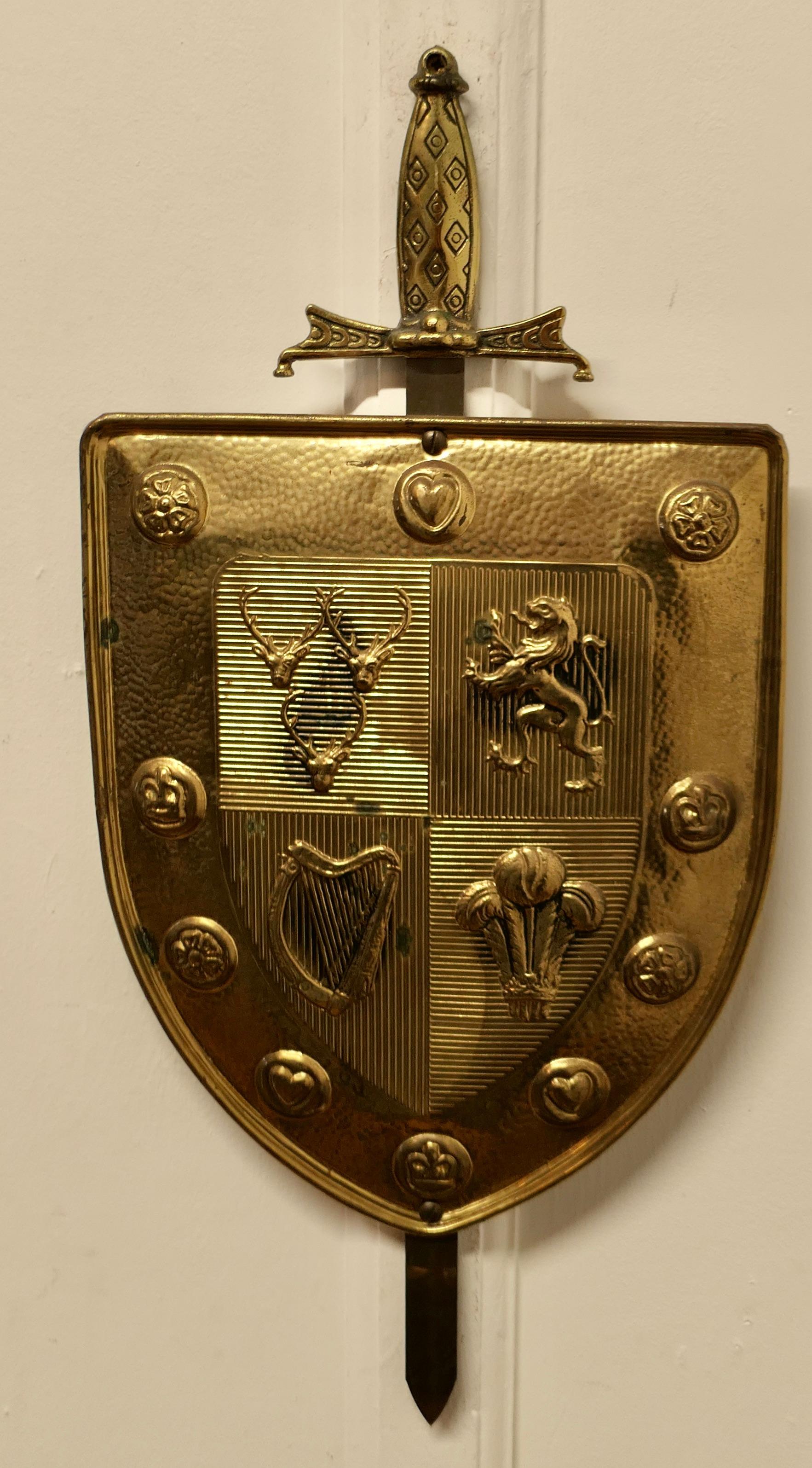  Wall Hanging Arts and Crafts Brass Shield with Sword   For Sale 1