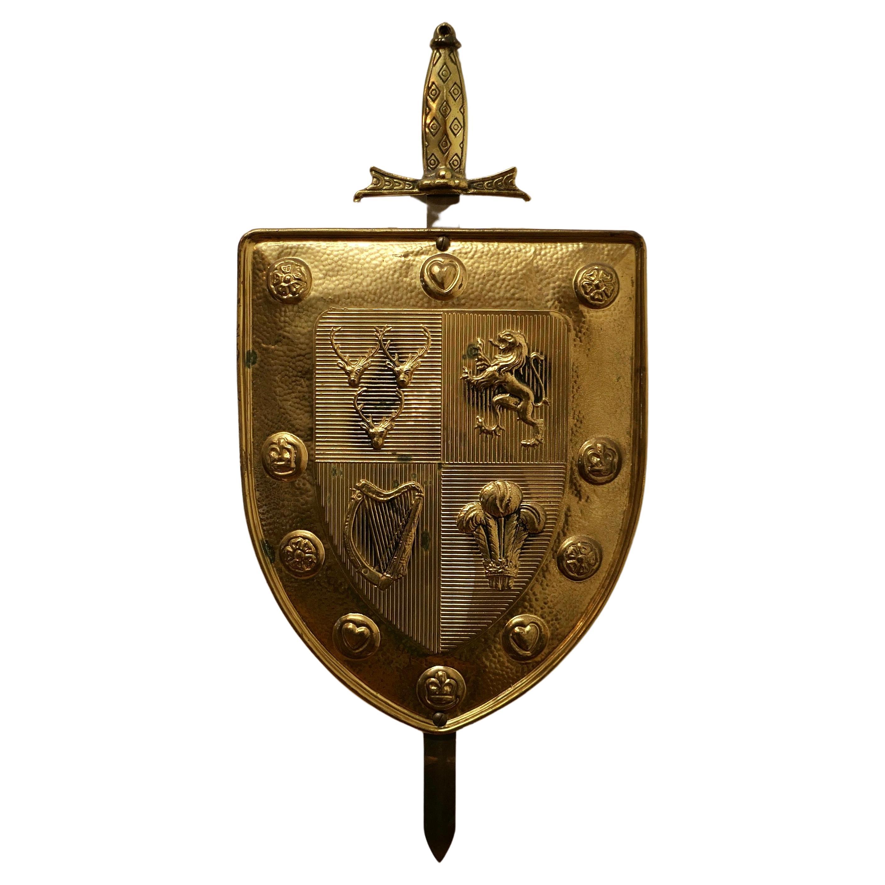  Wall Hanging Arts and Crafts Brass Shield with Sword  