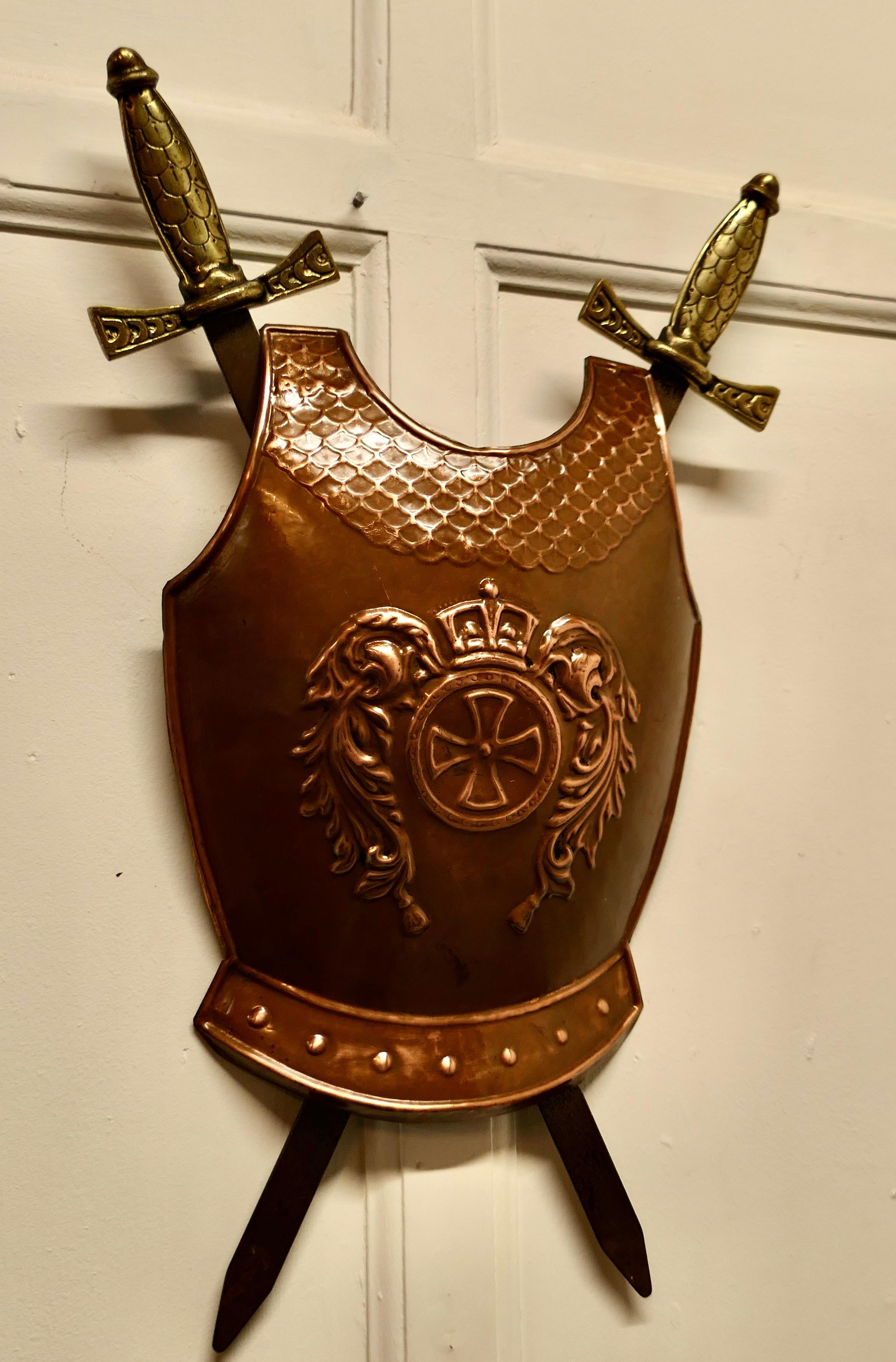 Wall Hanging Arts and Crafts Copper Breast Plate Shield with Cross Swords In Good Condition For Sale In Chillerton, Isle of Wight