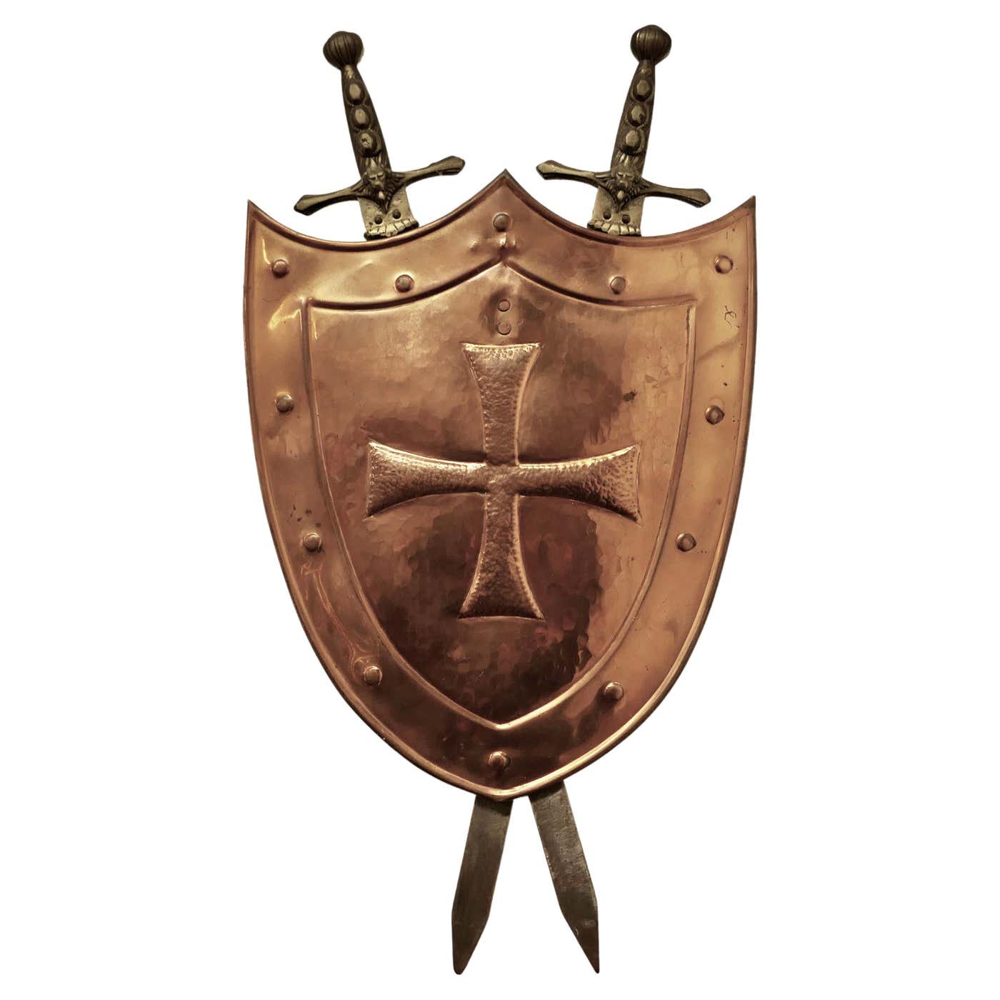Wall Hanging Arts and Crafts Copper Shield with Cross Swords For Sale ...